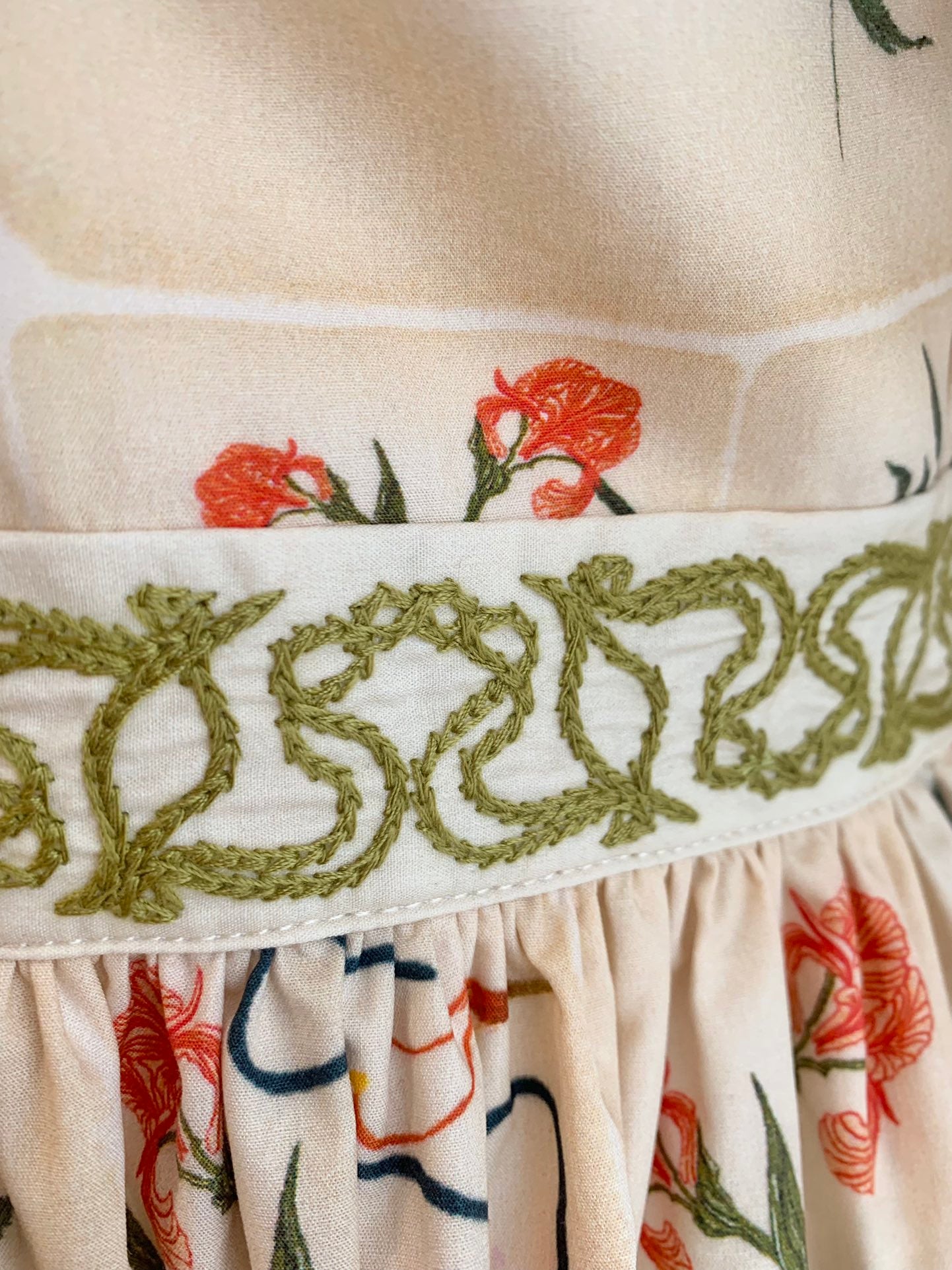 Agua Cotton Mini Dress Beige Floral Print Drawstring adjustable bust embroidery waist short sleeve 2504115Agu