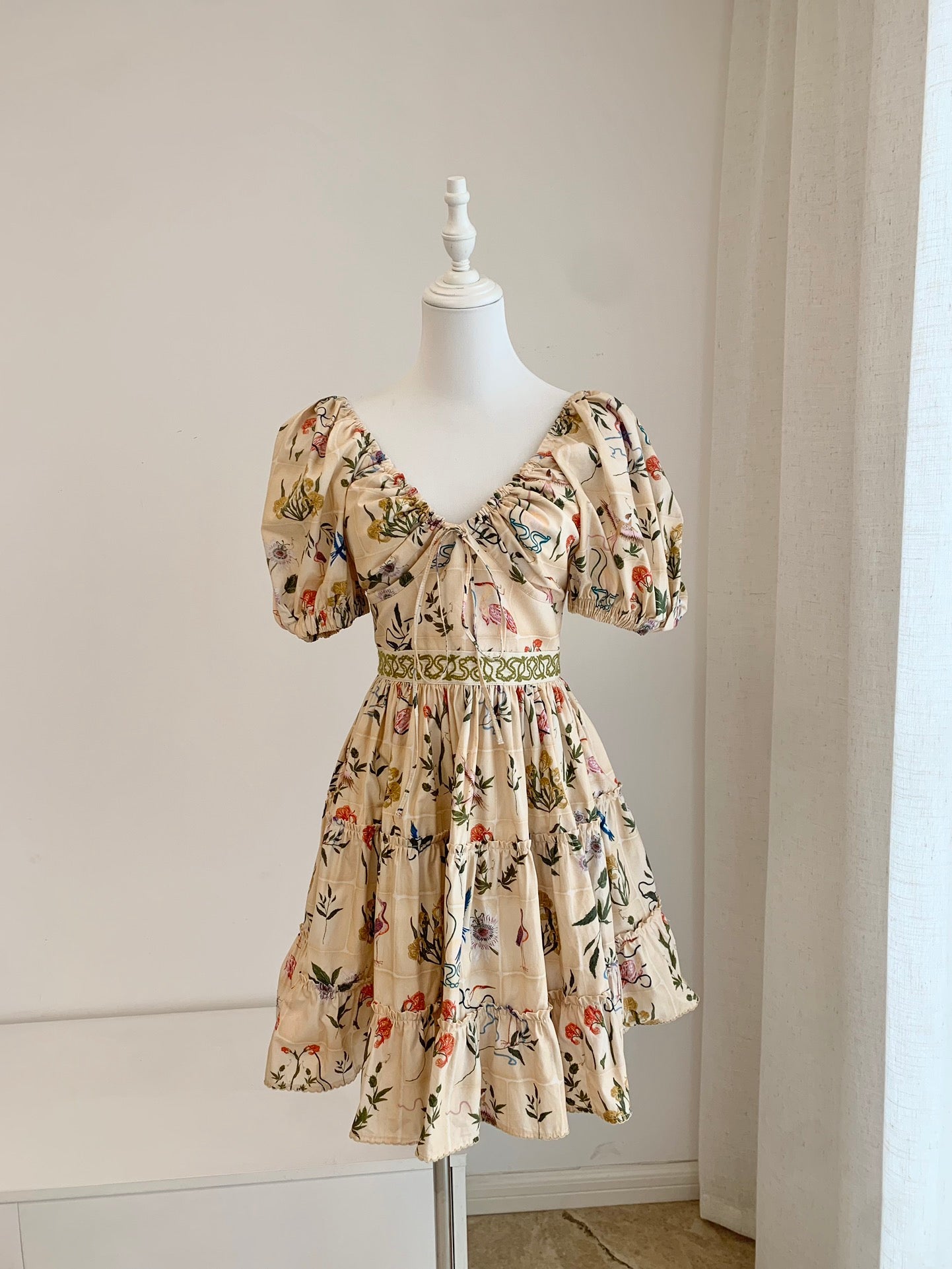 Agua Cotton Mini Dress Beige Floral Print Drawstring adjustable bust embroidery waist short sleeve 2504115Agu