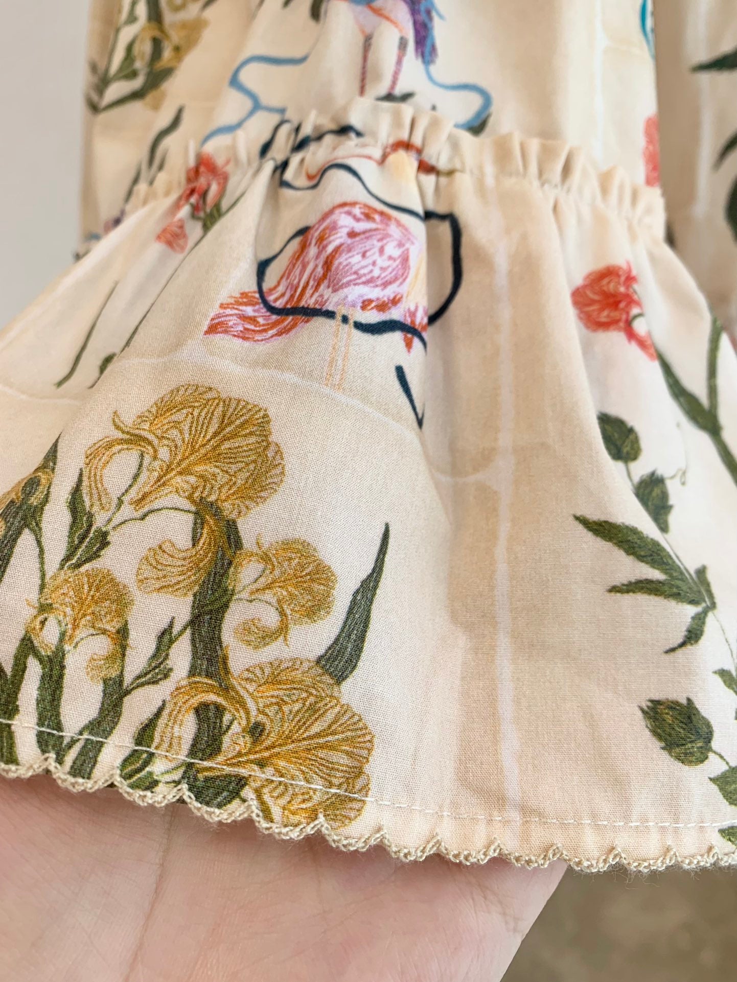 Agua Cotton Mini Dress Beige Floral Print Drawstring adjustable bust embroidery waist short sleeve 2504115Agu