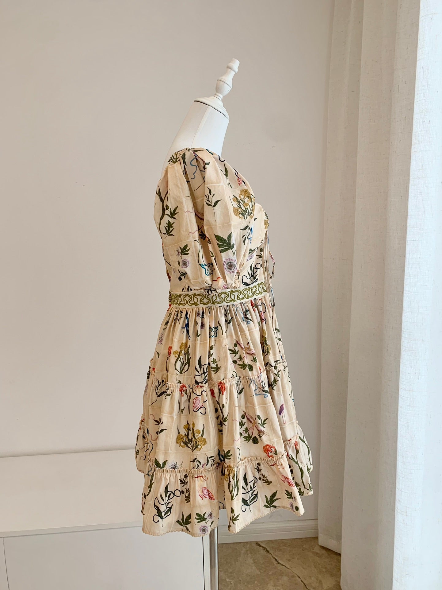 Agua Cotton Mini Dress Beige Floral Print Drawstring adjustable bust embroidery waist short sleeve 2504115Agu