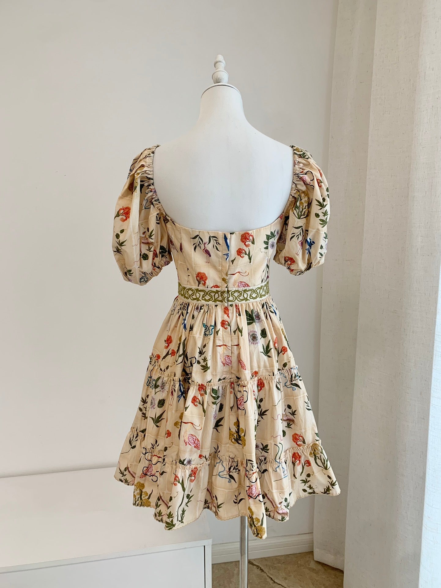 Agua Cotton Mini Dress Beige Floral Print Drawstring adjustable bust embroidery waist short sleeve 2504115Agu