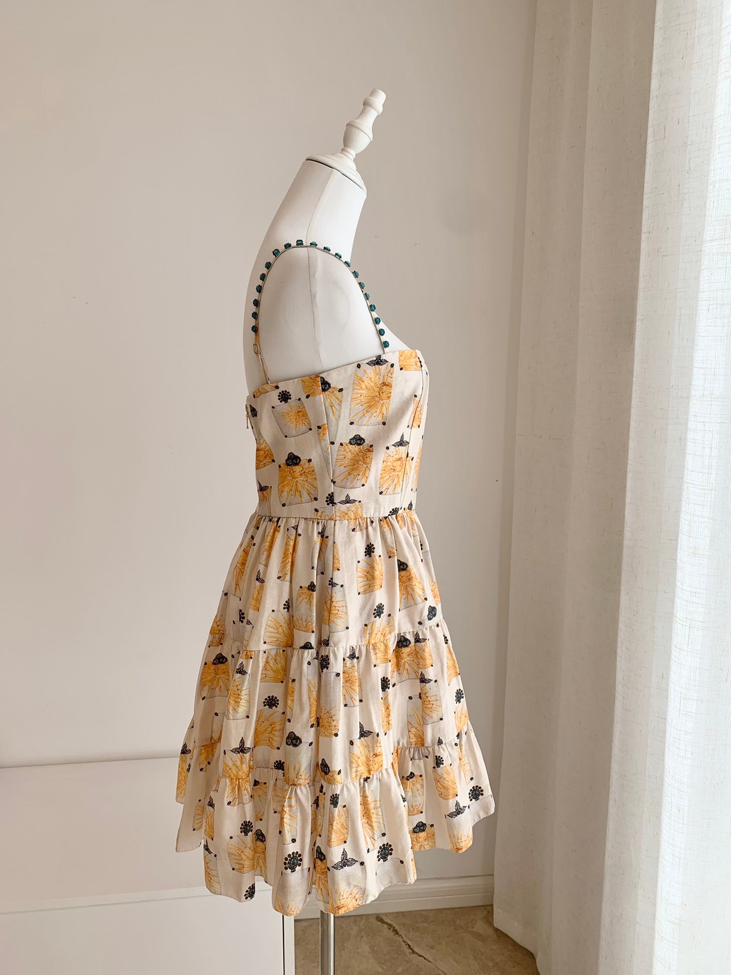 Agua camisole mini dress yellow floral print sleeveless rheinstone shoulder strape back-zip 2504114Agu