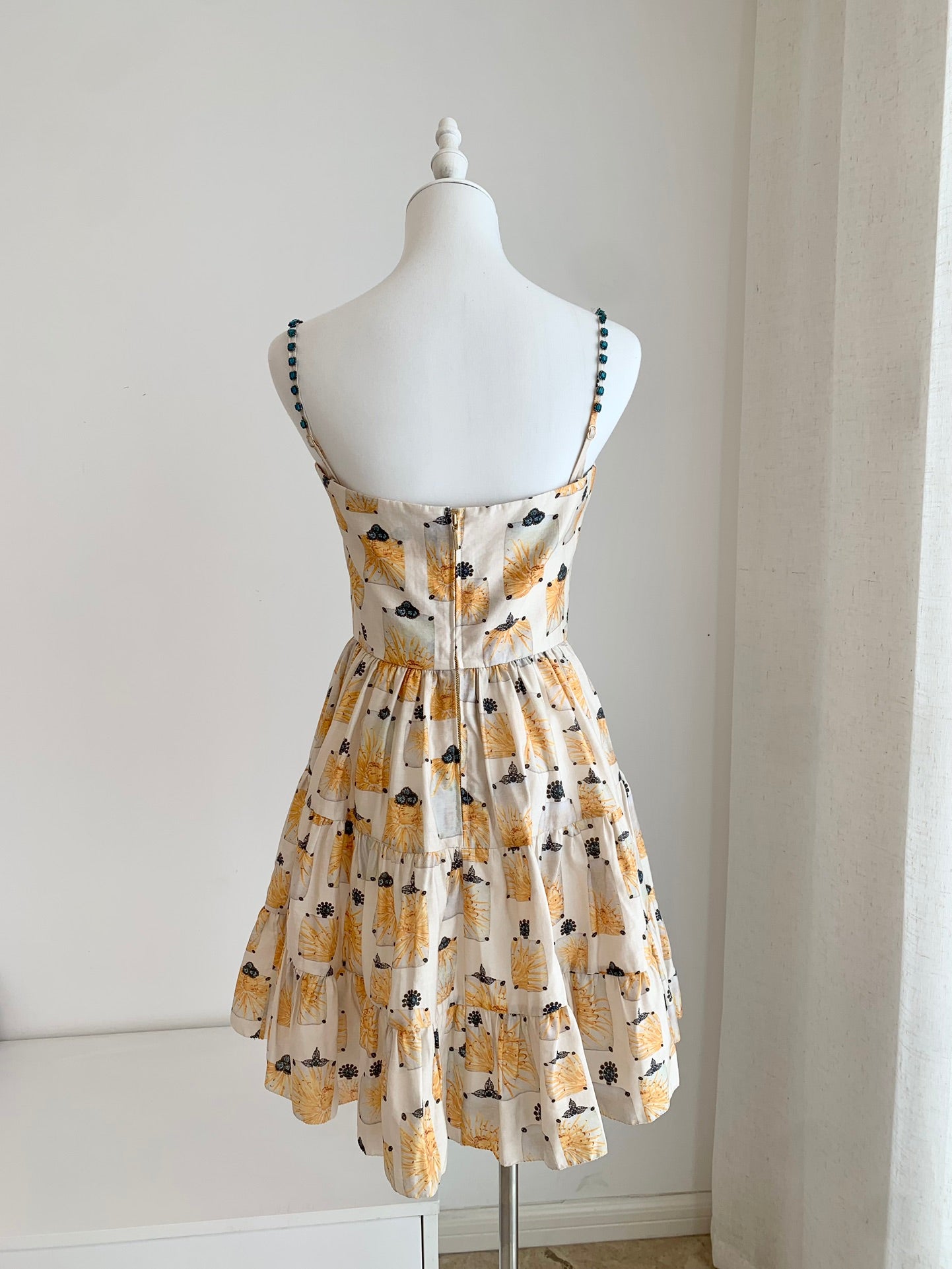 Agua camisole mini dress yellow floral print sleeveless rheinstone shoulder strape back-zip 2504114Agu