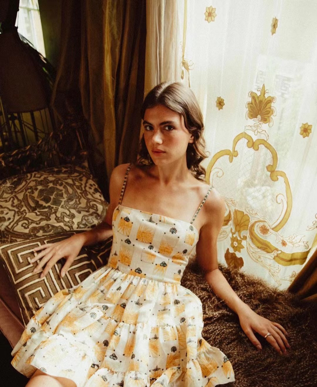 Agua camisole mini dress yellow floral print sleeveless rheinstone shoulder strape back-zip 2504114Agu