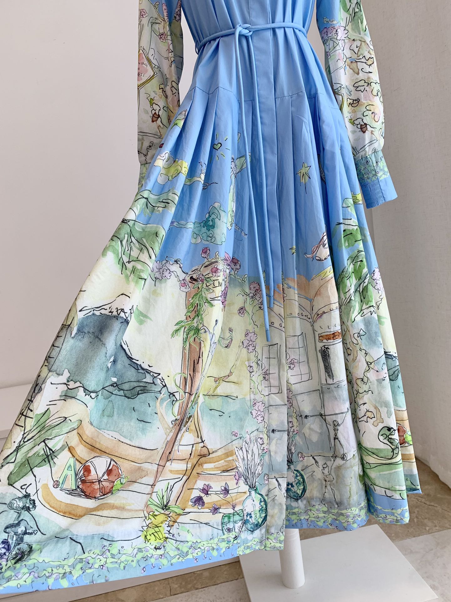 Alemais cotton dress light blue graphic print pleated skirt long sleeves front button belt waist 2507028AL