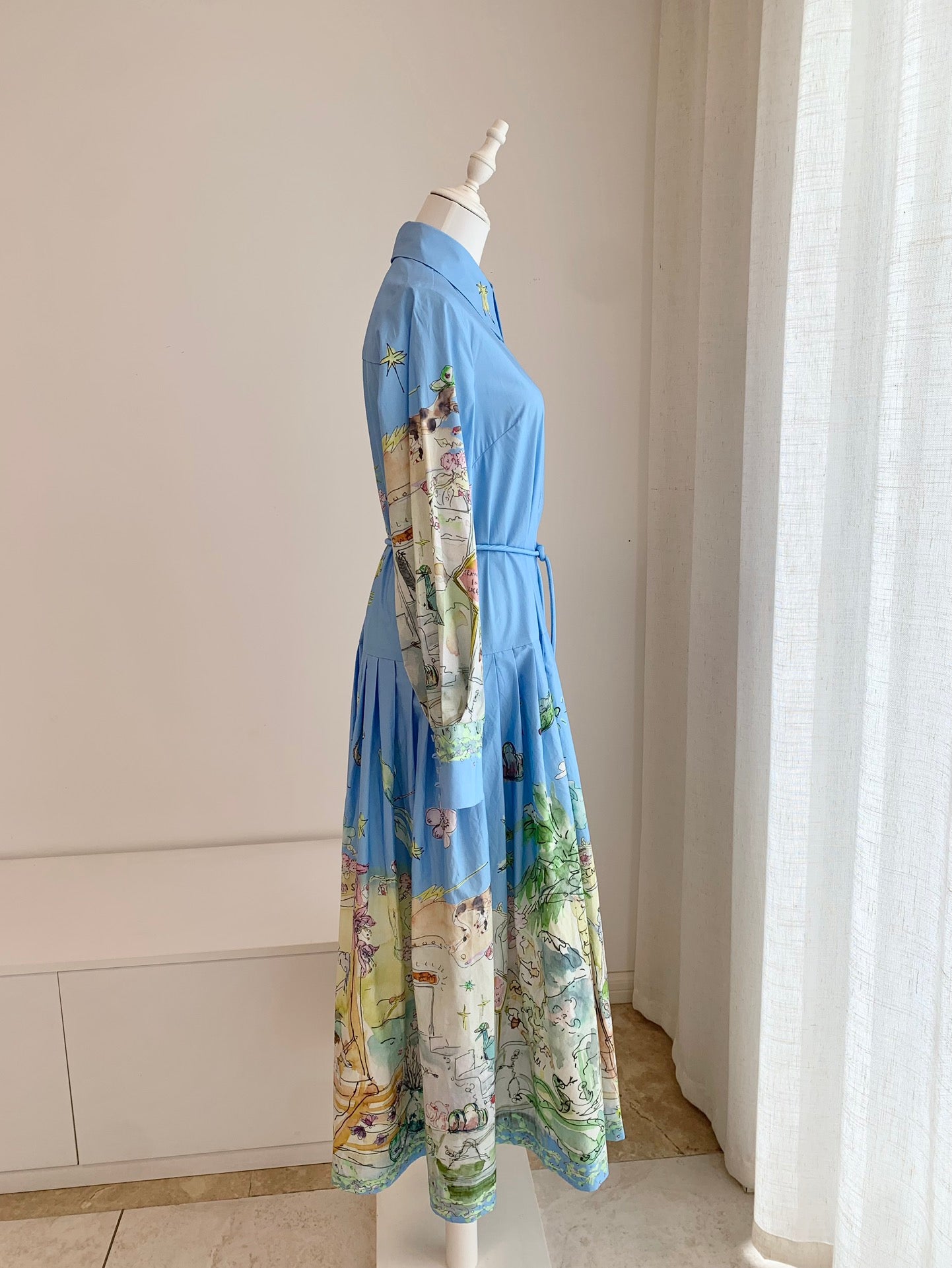 Alemais cotton dress light blue graphic print pleated skirt long sleeves front button belt waist 2507028AL