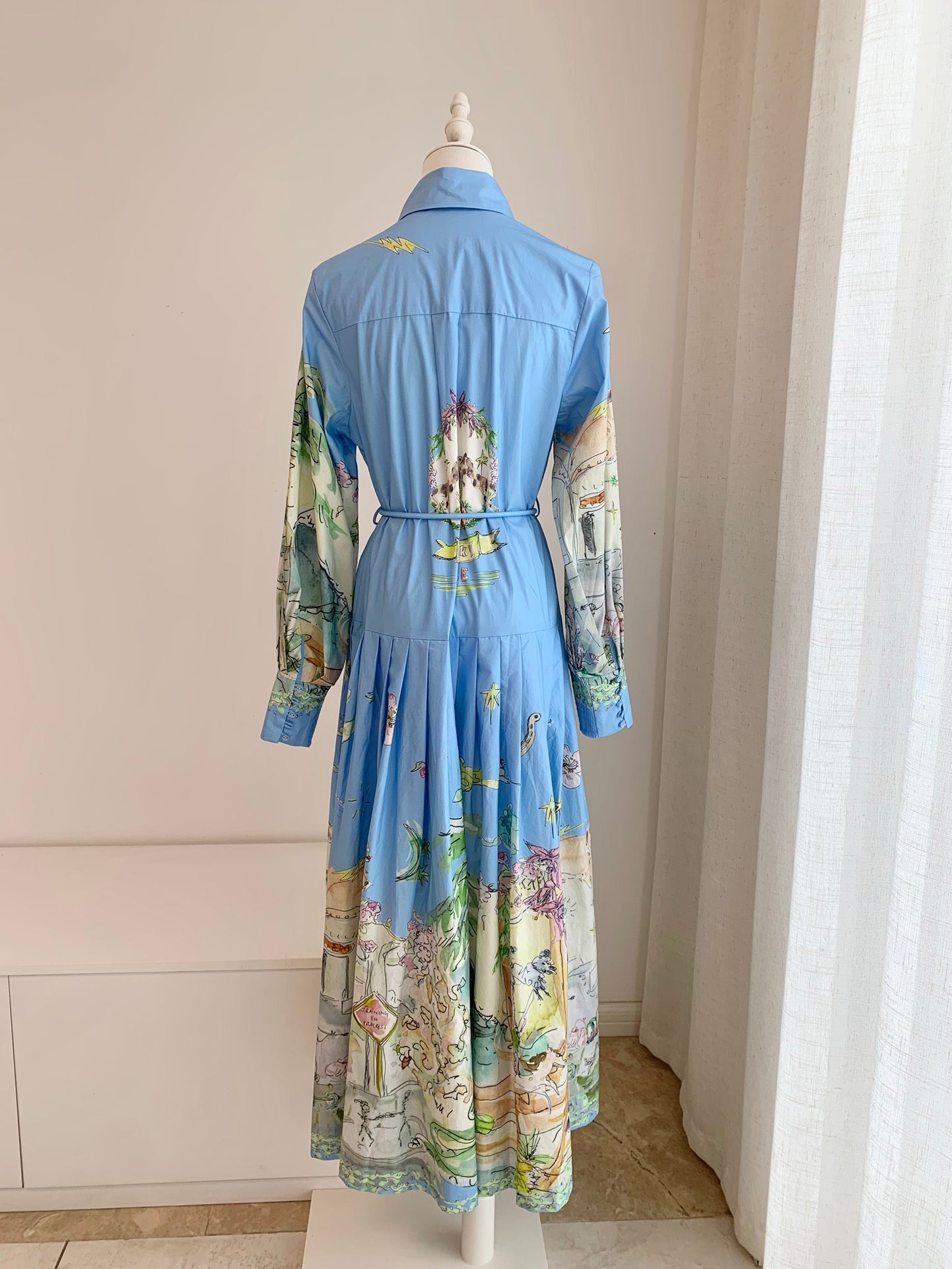Alemais cotton dress light blue graphic print pleated skirt long sleeves front button belt waist 2507028AL