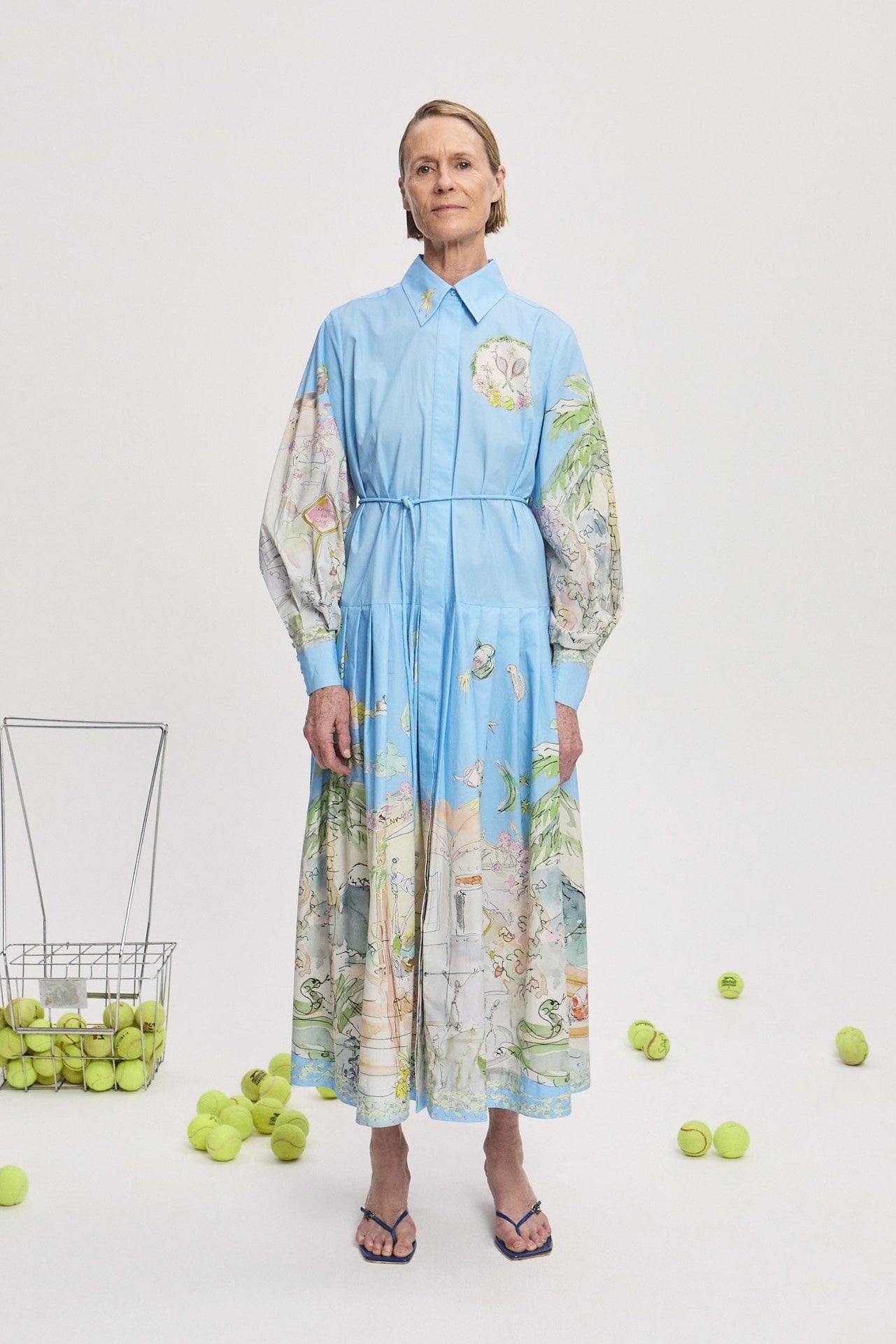 Alemais cotton dress light blue graphic print pleated skirt long sleeves front button belt waist 2507028AL