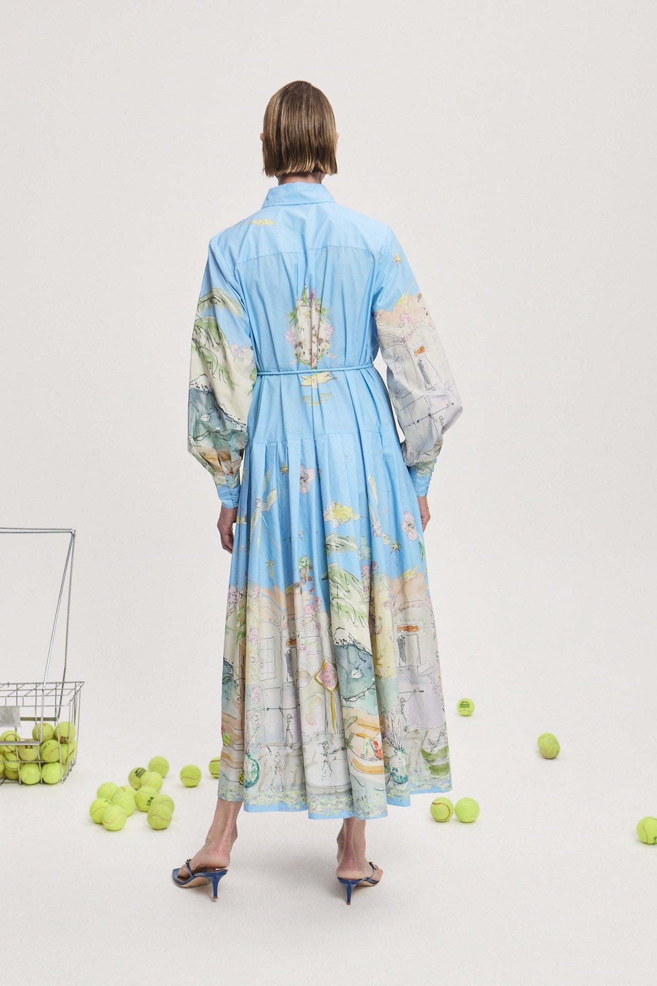 Alemais cotton dress light blue graphic print pleated skirt long sleeves front button belt waist 2507028AL