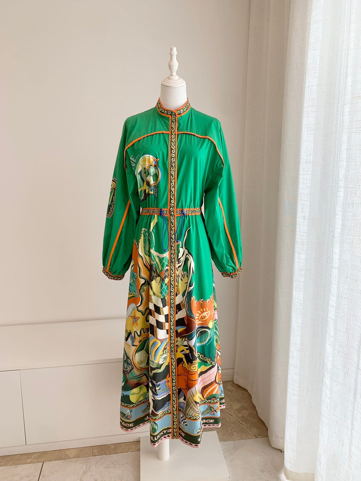 Alemais Lucky Pace shirt Midi dress apple green front button mock neck long puff sleeves 2507027AL