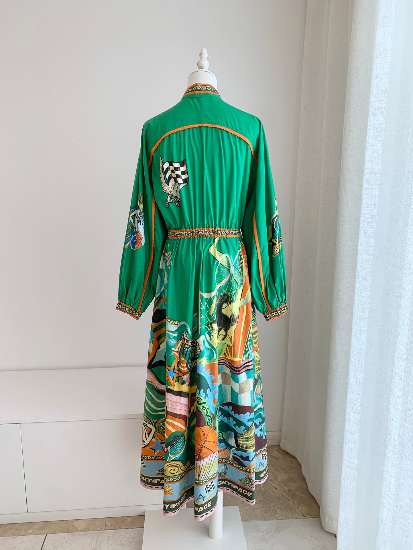 Alemais Lucky Pace shirt Midi dress apple green front button mock neck long puff sleeves 2507027AL