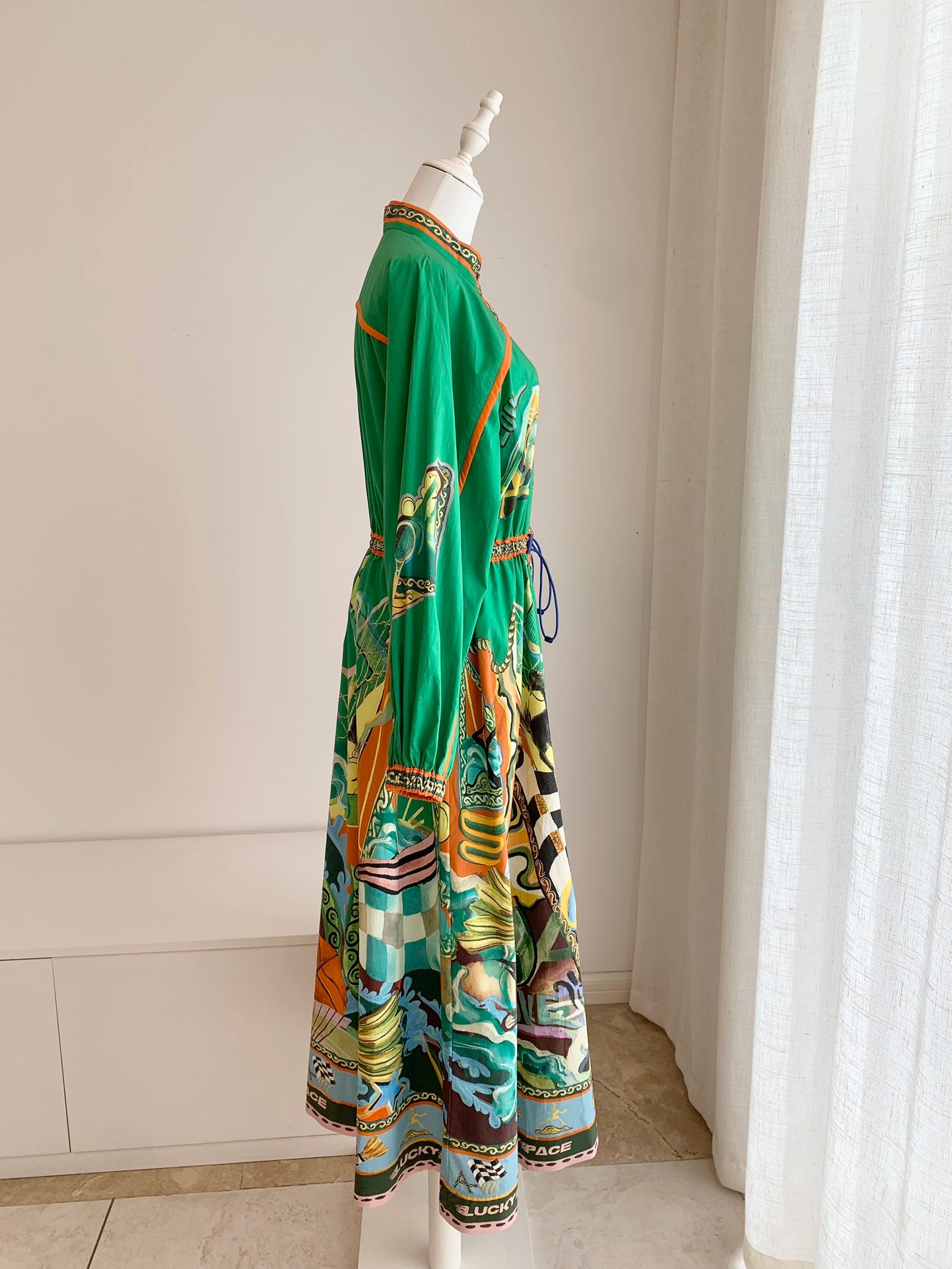 Alemais Lucky Pace shirt Midi dress apple green front button mock neck long puff sleeves 2507027AL