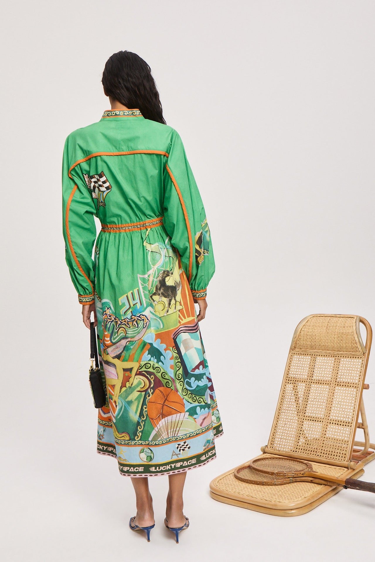 Alemais Lucky Pace shirt Midi dress apple green front button mock neck long puff sleeves 2507027AL