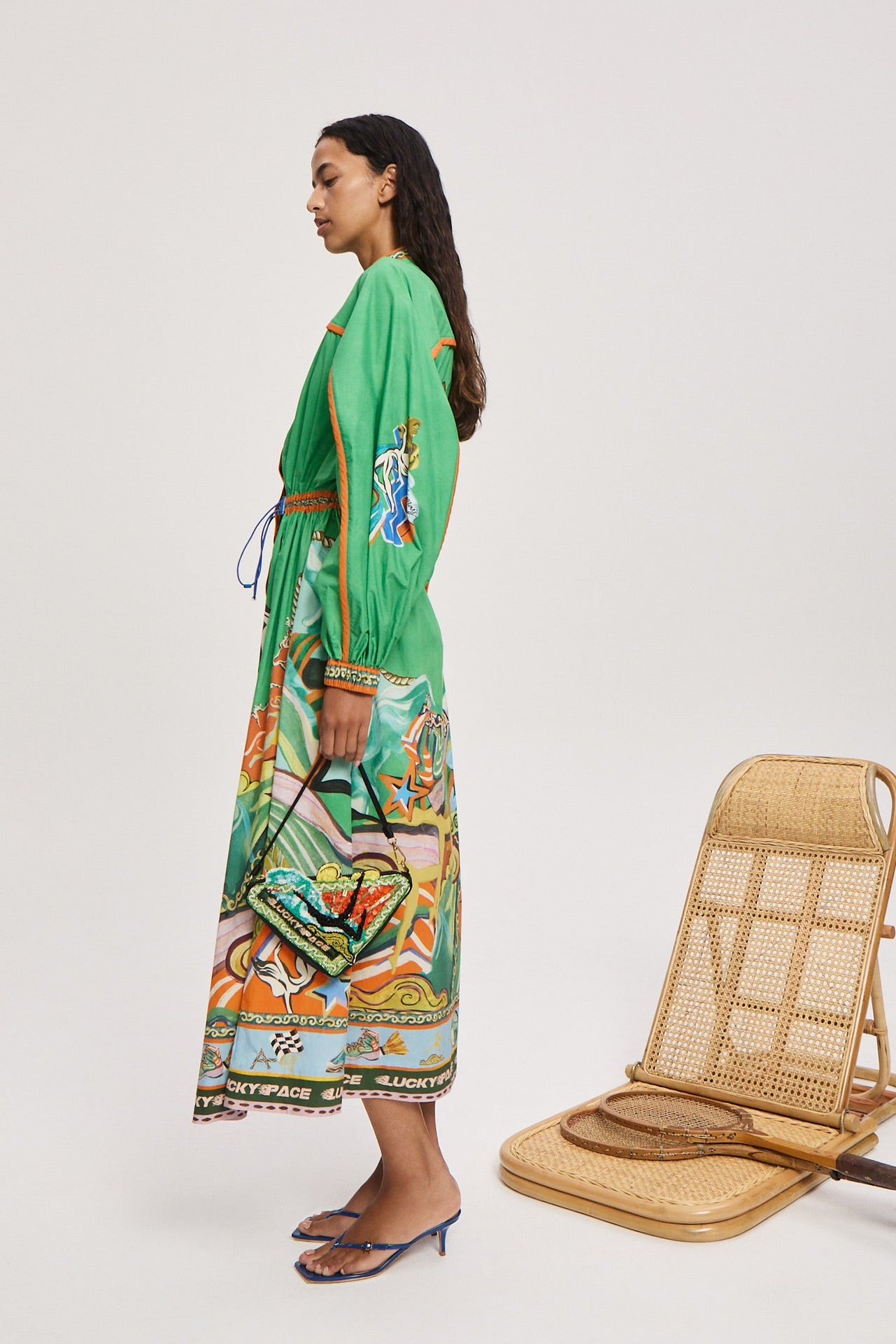 Alemais Lucky Pace shirt Midi dress apple green front button mock neck long puff sleeves 2507027AL
