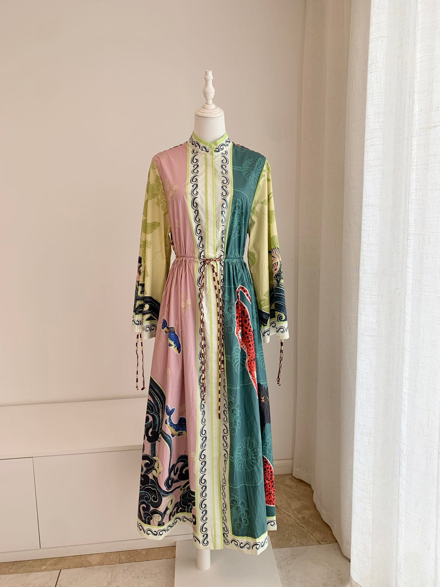 Alemais Midi Shirt Dress Cotton Muli Color Long Flair Sleeve Drawstring waist Ocean Print 2507019AL