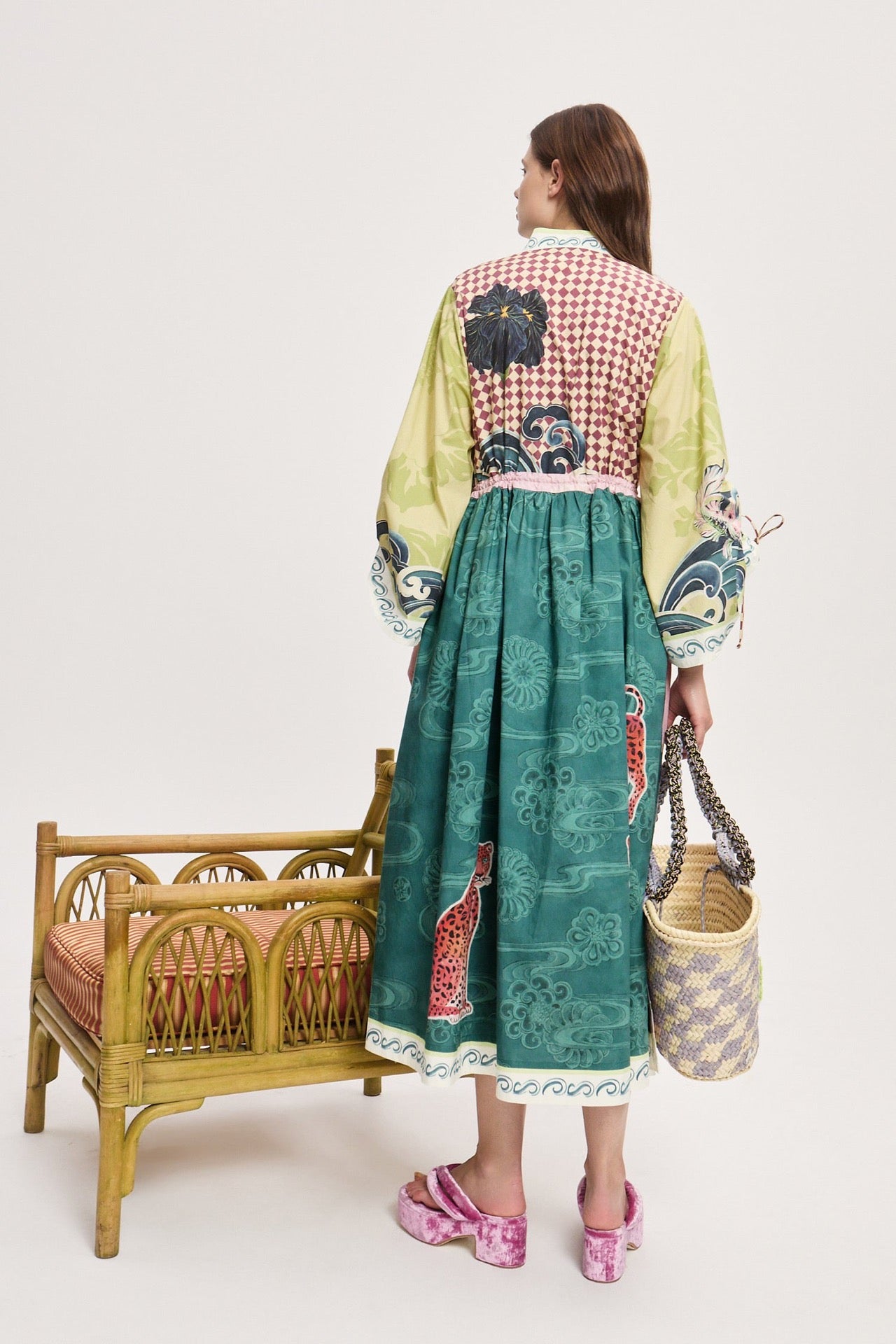 Alemais Midi Shirt Dress Cotton Muli Color Long Flair Sleeve Drawstring waist Ocean Print 2507019AL