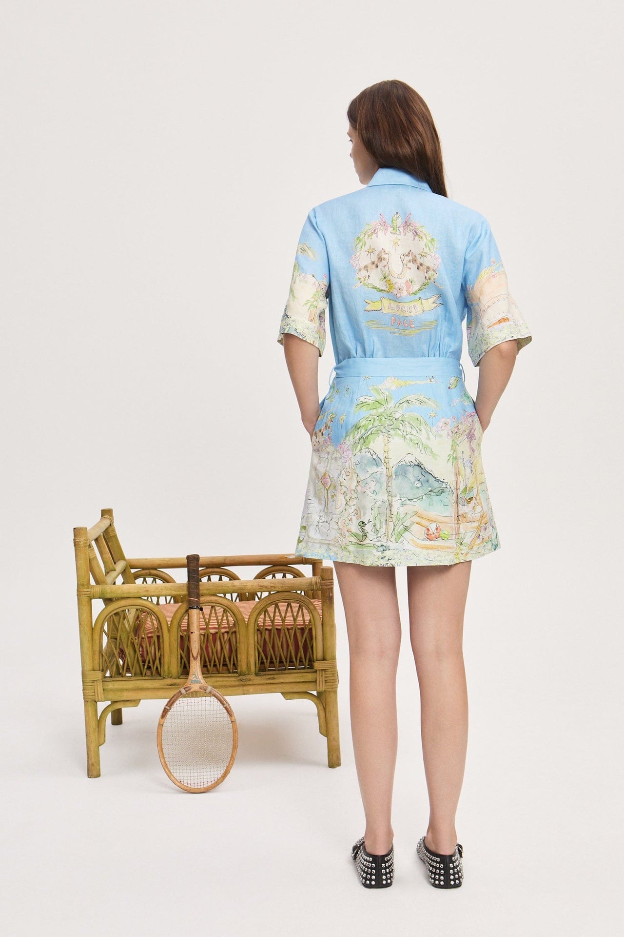 Alemais linen printed dress light blue all-over print short sleeves front buttoned waist strap 2507029AL