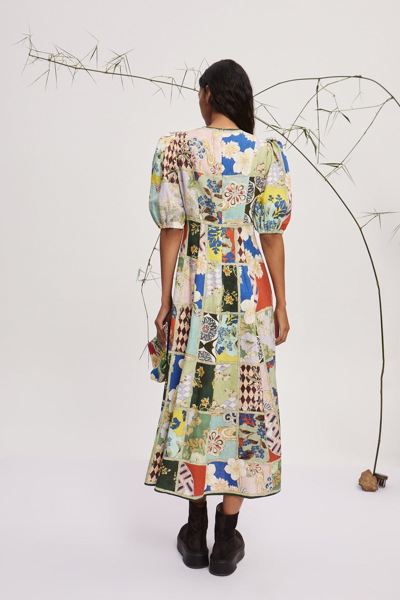 Alemais Midi Dress Floral print mult-colors short puff sleeve round-neck back-zip 2507031AL