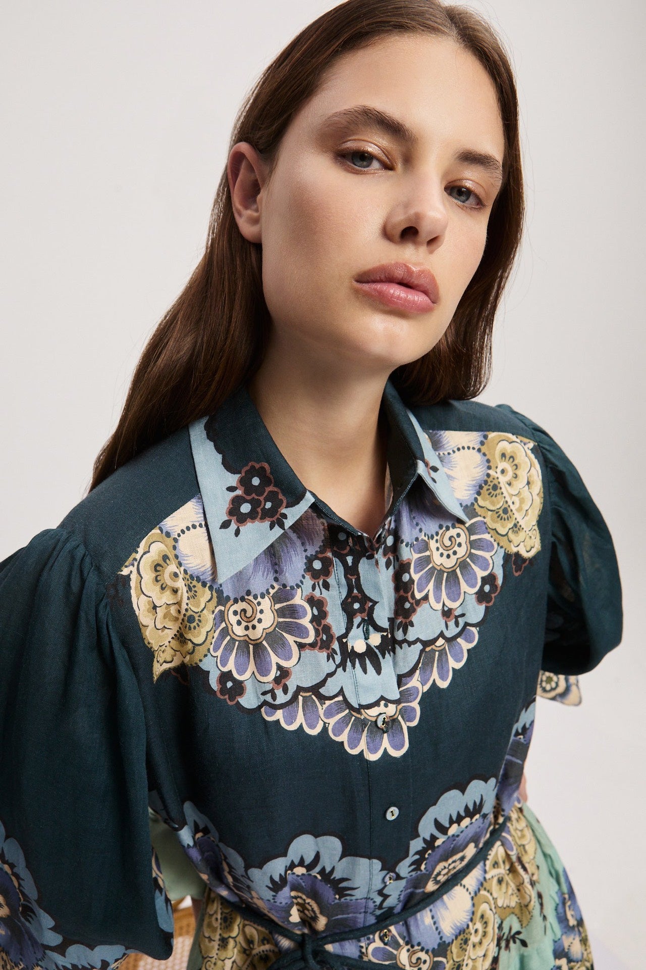 Alemais Midi Shirt Dress Ramie Dark Blue Floral Print Long Sleeve Front Button Waist Belt 2507025AL