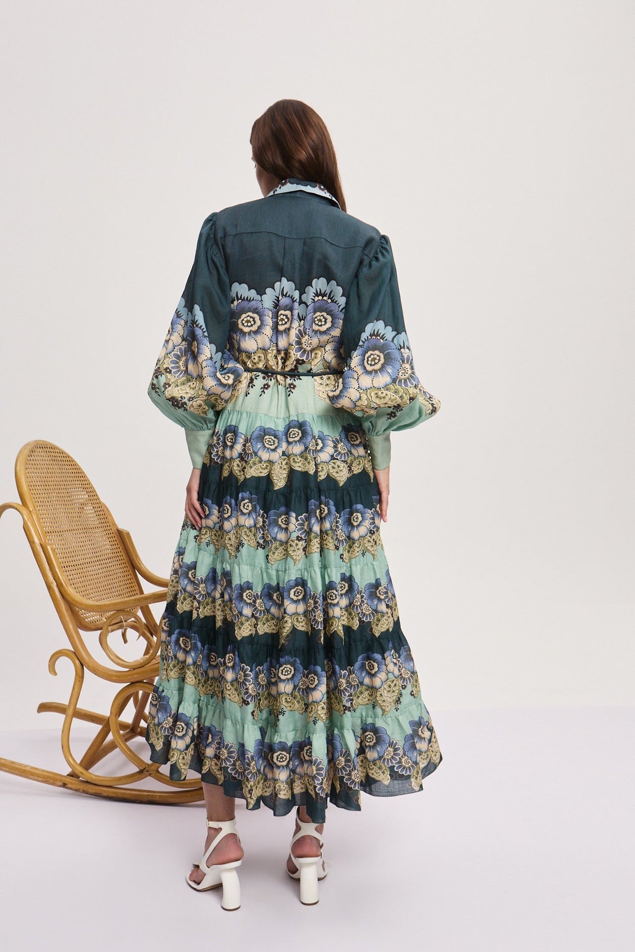 Alemais Midi Shirt Dress Ramie Dark Blue Floral Print Long Sleeve Front Button Waist Belt 2507025AL