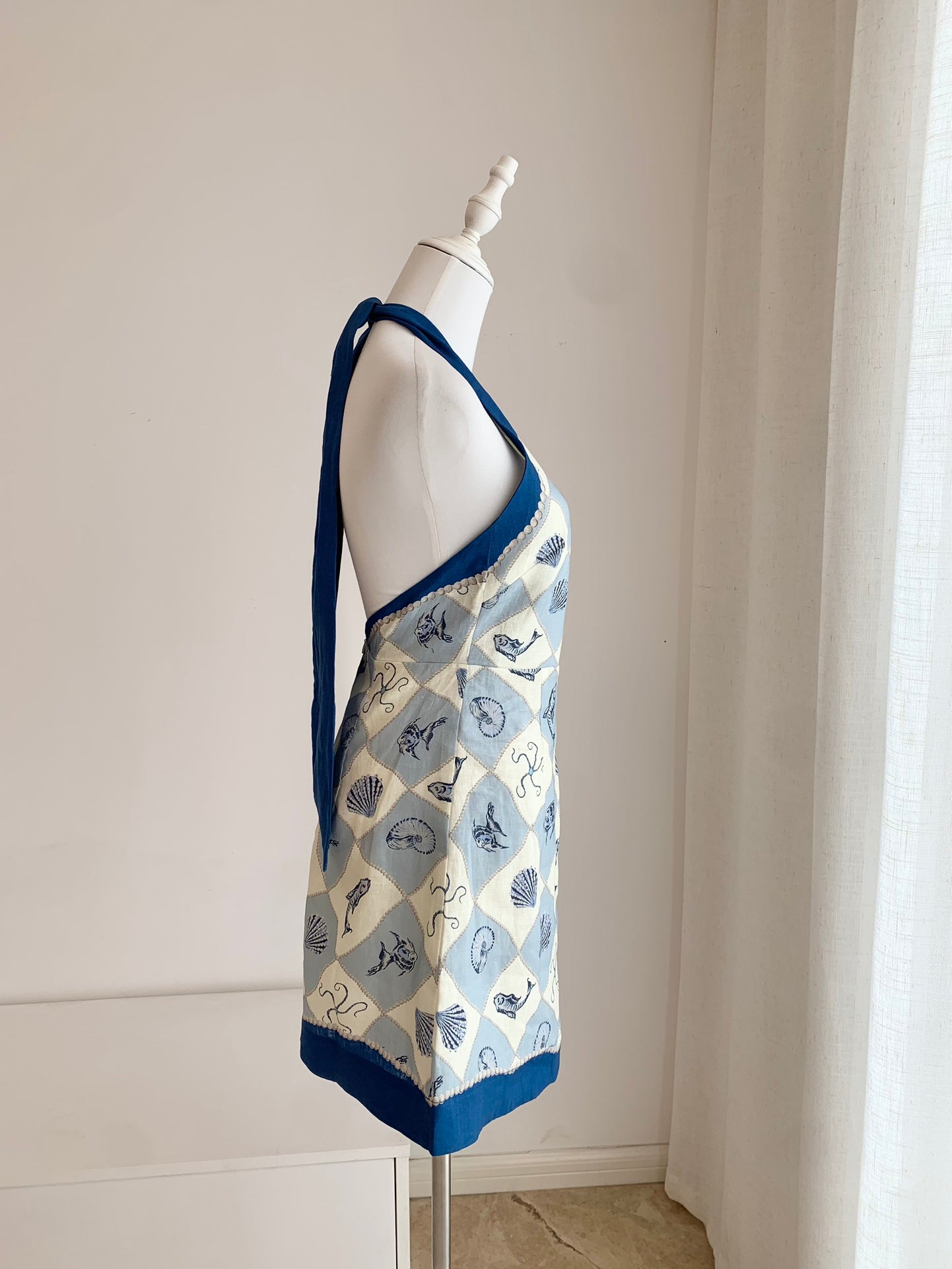 Alemais Mini Dress Halter Light Blue Ocean Print Sleeveless Rear-Tie Slim Fit Backless 2507060AL