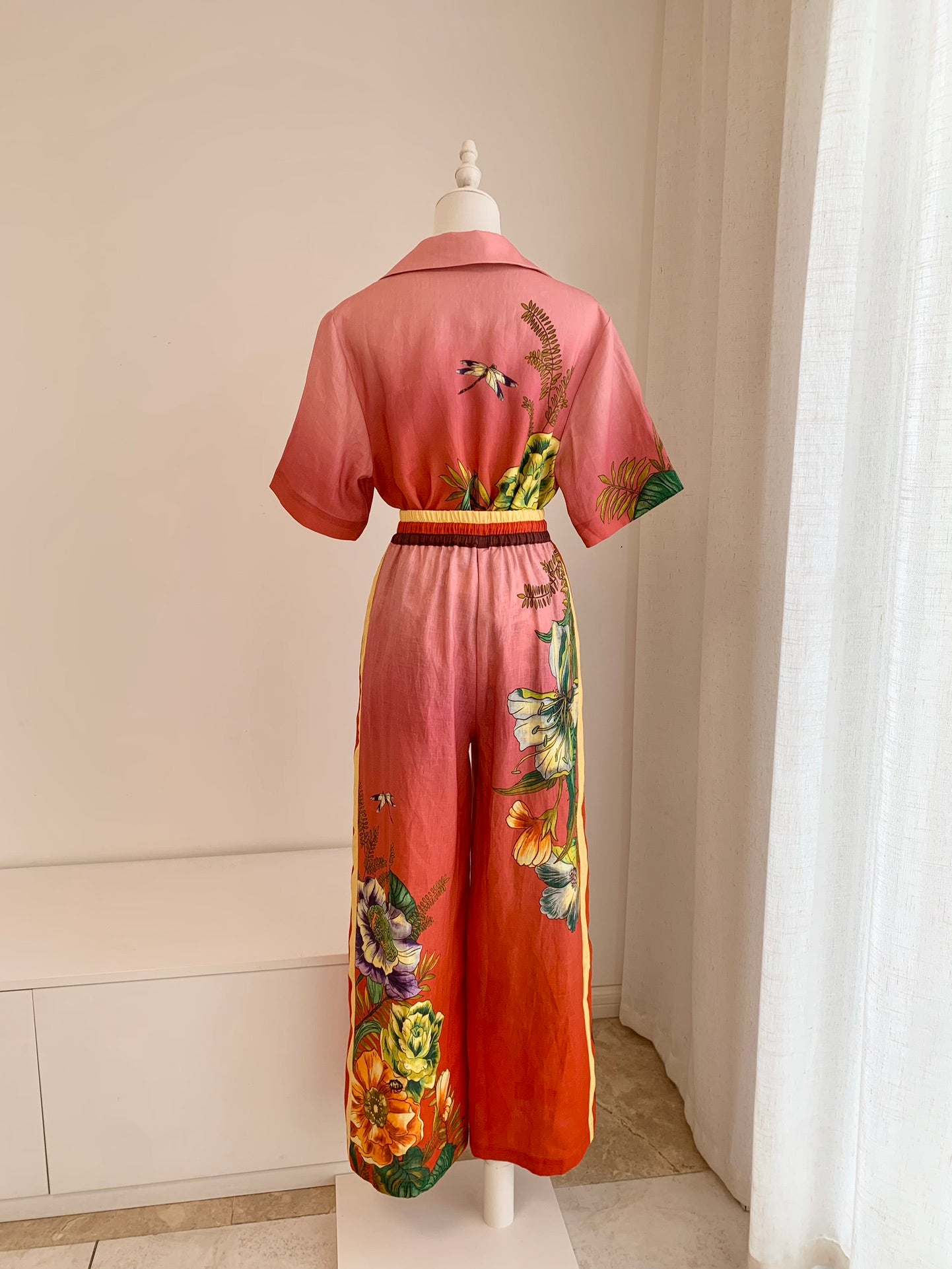 Alemais Inez Linen Set Shirt Pants Pink Floral Print Short Sleeve Front Button Wide-Leg 2507051AL