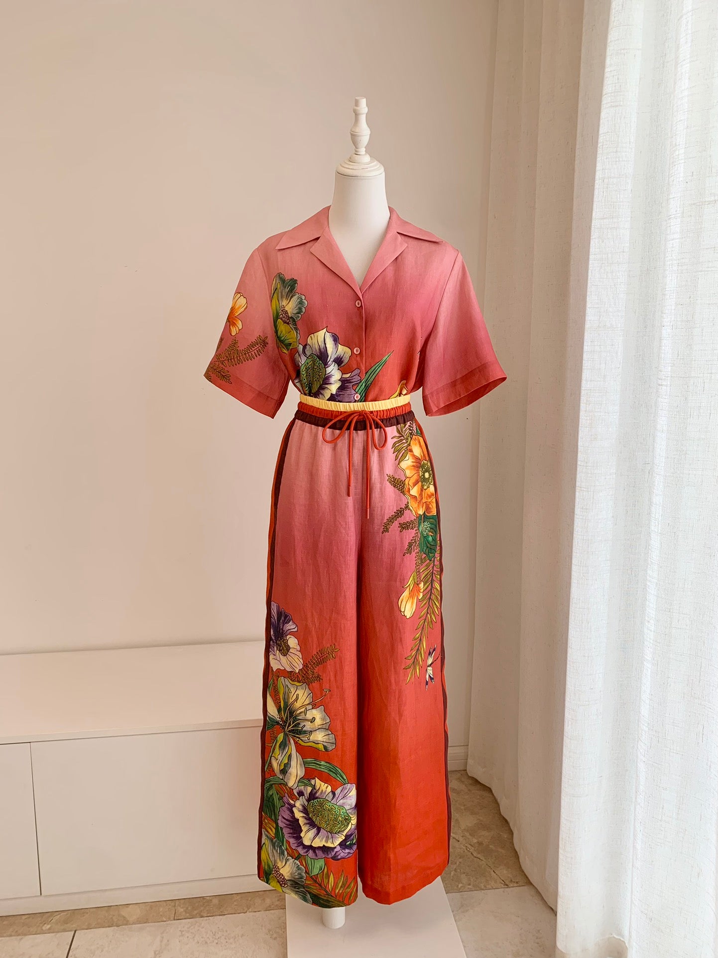 Alemais Inez Linen Set Shirt Pants Pink Floral Print Short Sleeve Front Button Wide-Leg 2507051AL