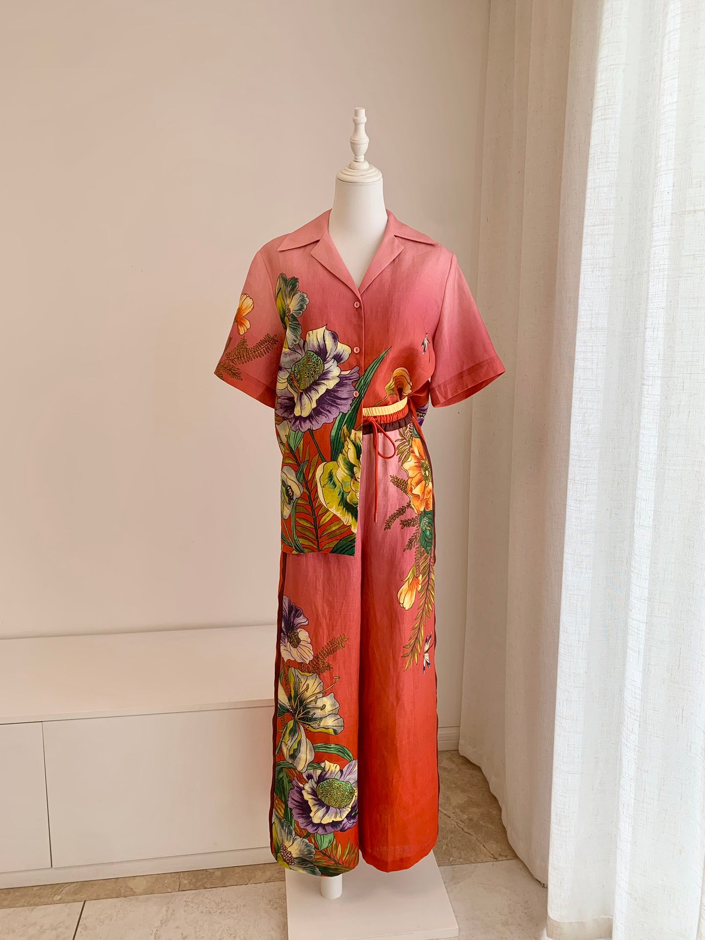 Alemais Inez Linen Set Shirt Pants Pink Floral Print Short Sleeve Front Button Wide-Leg 2507051AL