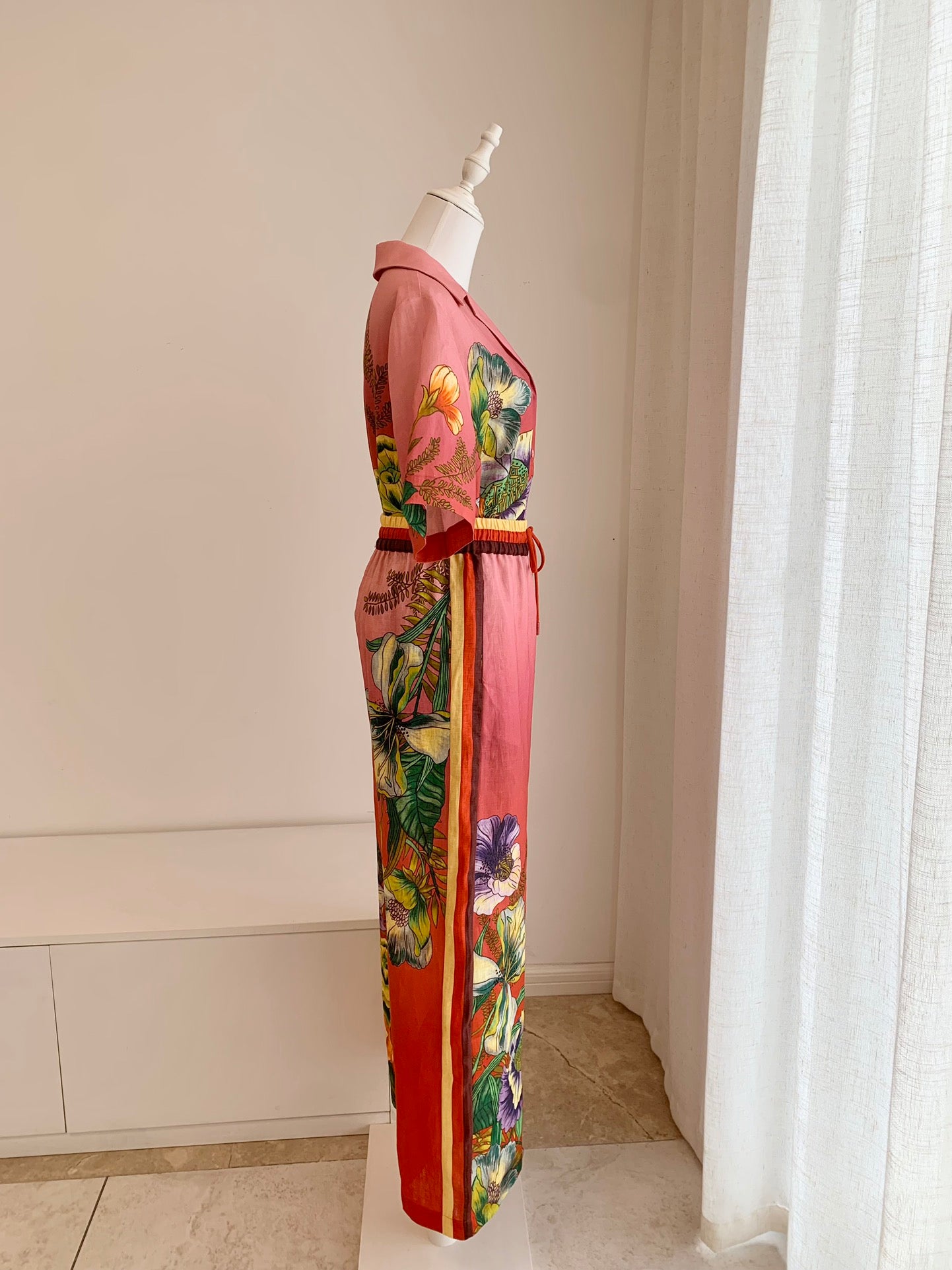 Alemais Inez Linen Set Shirt Pants Pink Floral Print Short Sleeve Front Button Wide-Leg 2507051AL