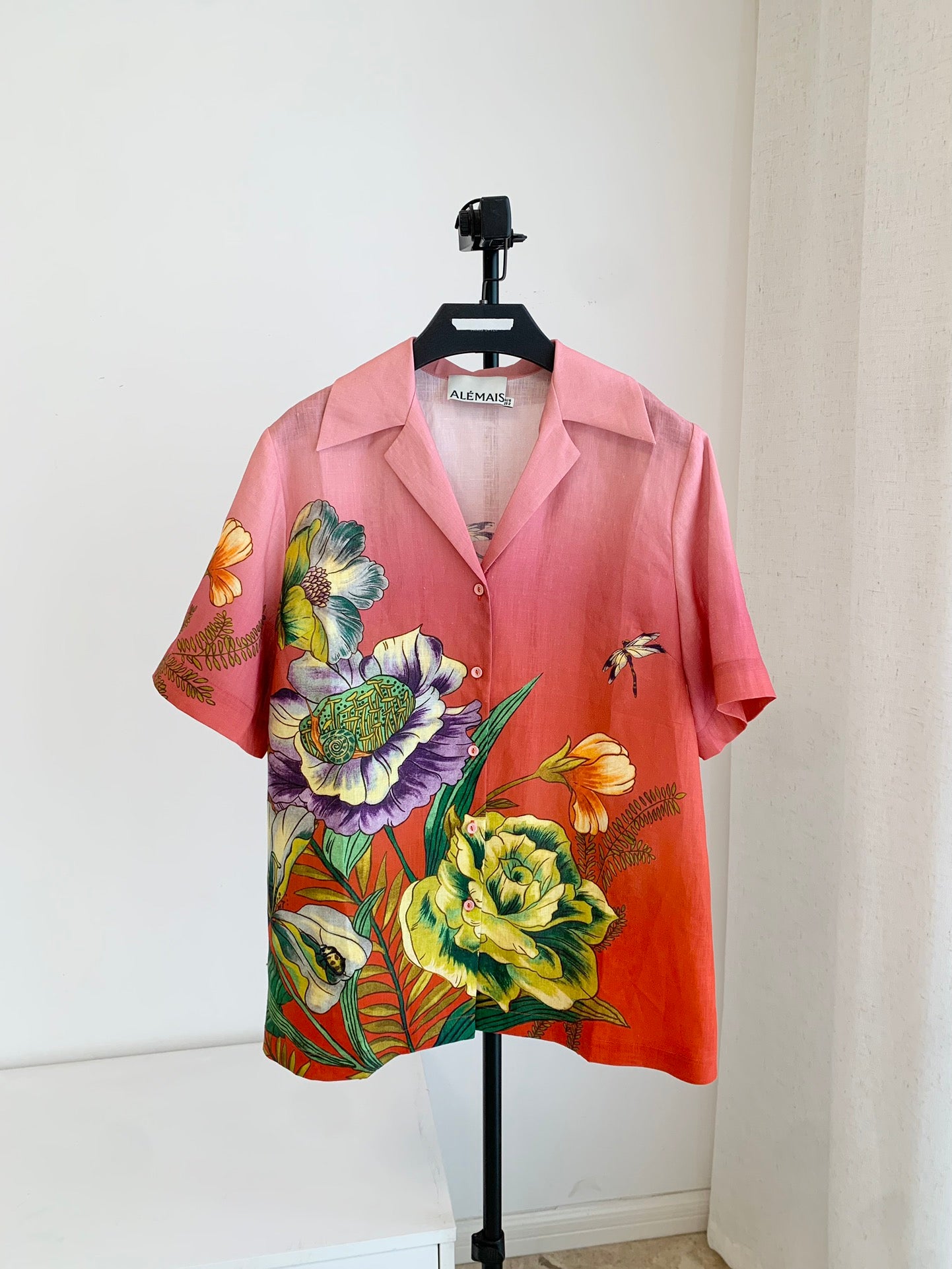 Alemais Inez Linen Set Shirt Pants Pink Floral Print Short Sleeve Front Button Wide-Leg 2507051AL