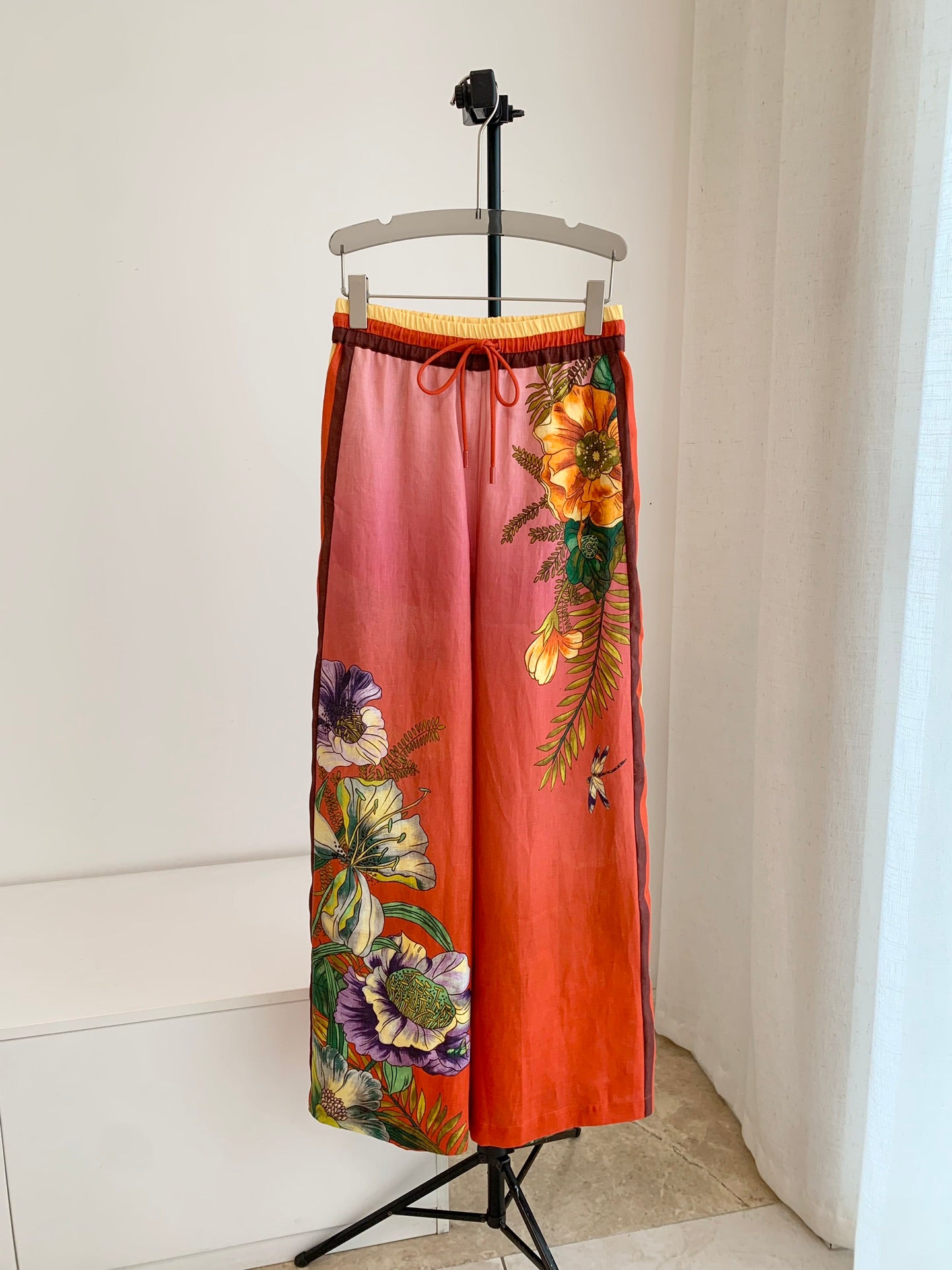 Alemais Inez Linen Set Shirt Pants Pink Floral Print Short Sleeve Front Button Wide-Leg 2507051AL