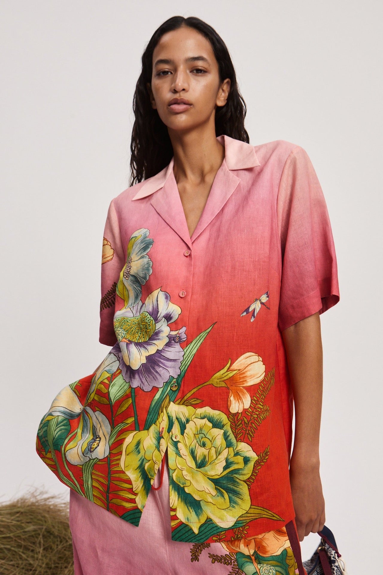 Alemais Inez Linen Set Shirt Pants Pink Floral Print Short Sleeve Front Button Wide-Leg 2507051AL