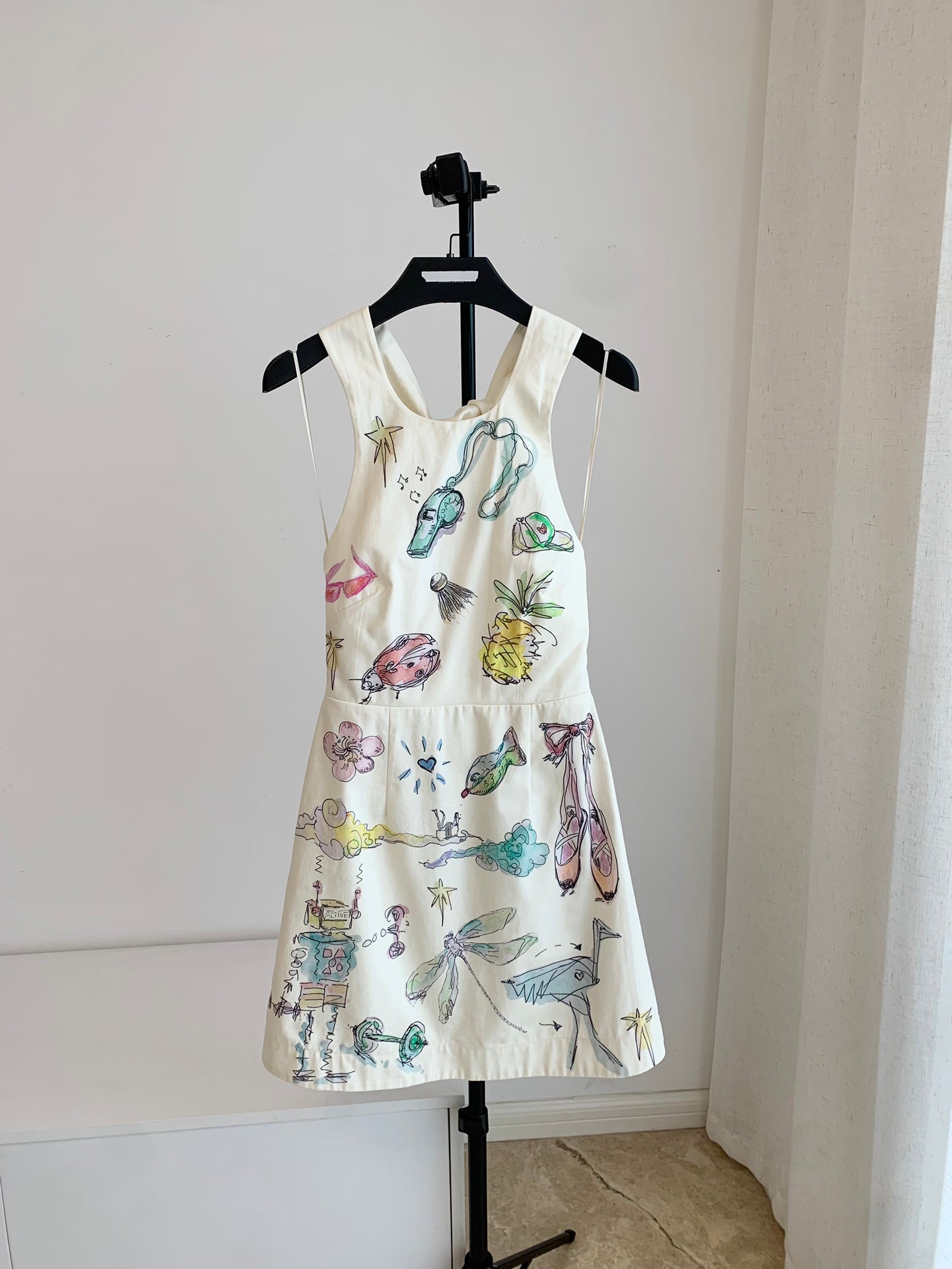 Alemais Mini halter dress cotton white color grafic print sleevless back-tie back-zip 2507054AL