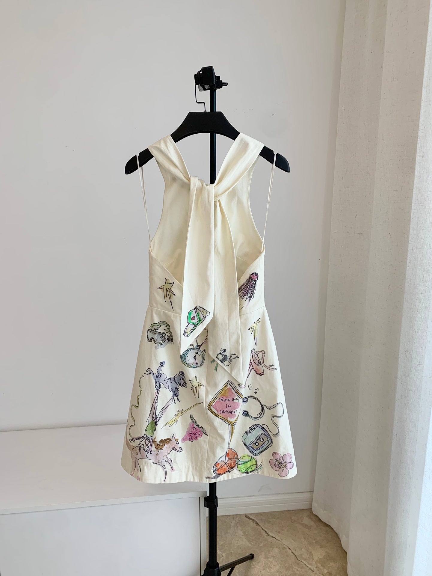 Alemais Mini halter dress cotton white color grafic print sleevless back-tie back-zip 2507054AL