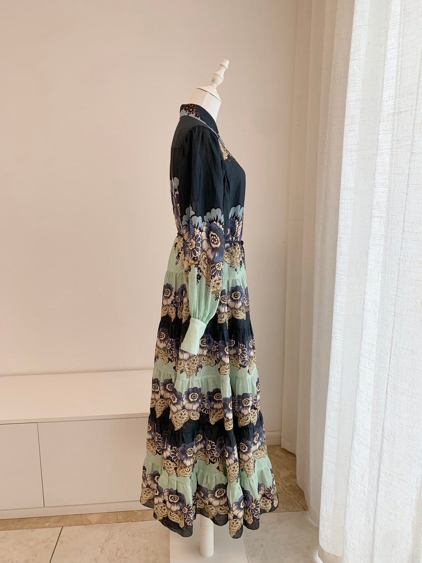Alemais Midi Shirt Dress Ramie Dark Blue Floral Print Long Sleeve Front Button Waist Belt 2507025AL
