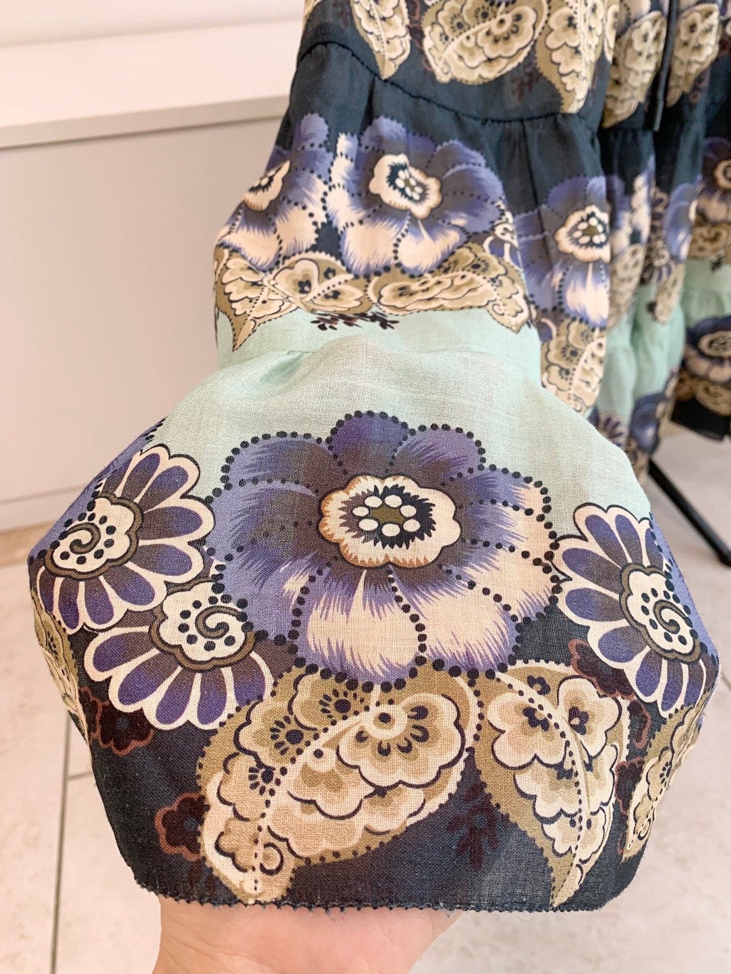 Alemais Midi Shirt Dress Ramie Dark Blue Floral Print Long Sleeve Front Button Waist Belt 2507025AL