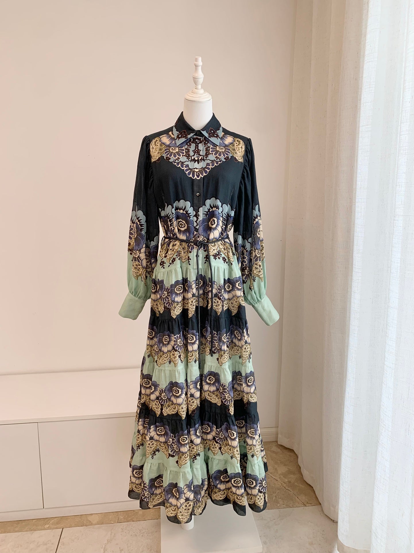 Alemais Midi Shirt Dress Ramie Dark Blue Floral Print Long Sleeve Front Button Waist Belt 2507025AL