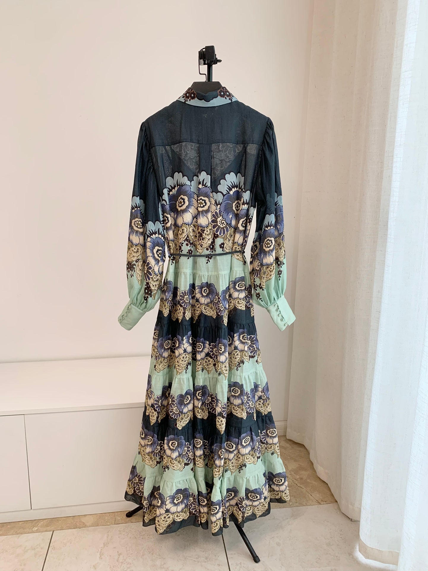 Alemais Midi Shirt Dress Ramie Dark Blue Floral Print Long Sleeve Front Button Waist Belt 2507025AL
