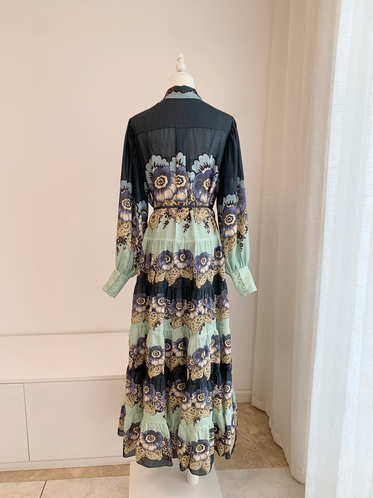 Alemais Midi Shirt Dress Ramie Dark Blue Floral Print Long Sleeve Front Button Waist Belt 2507025AL