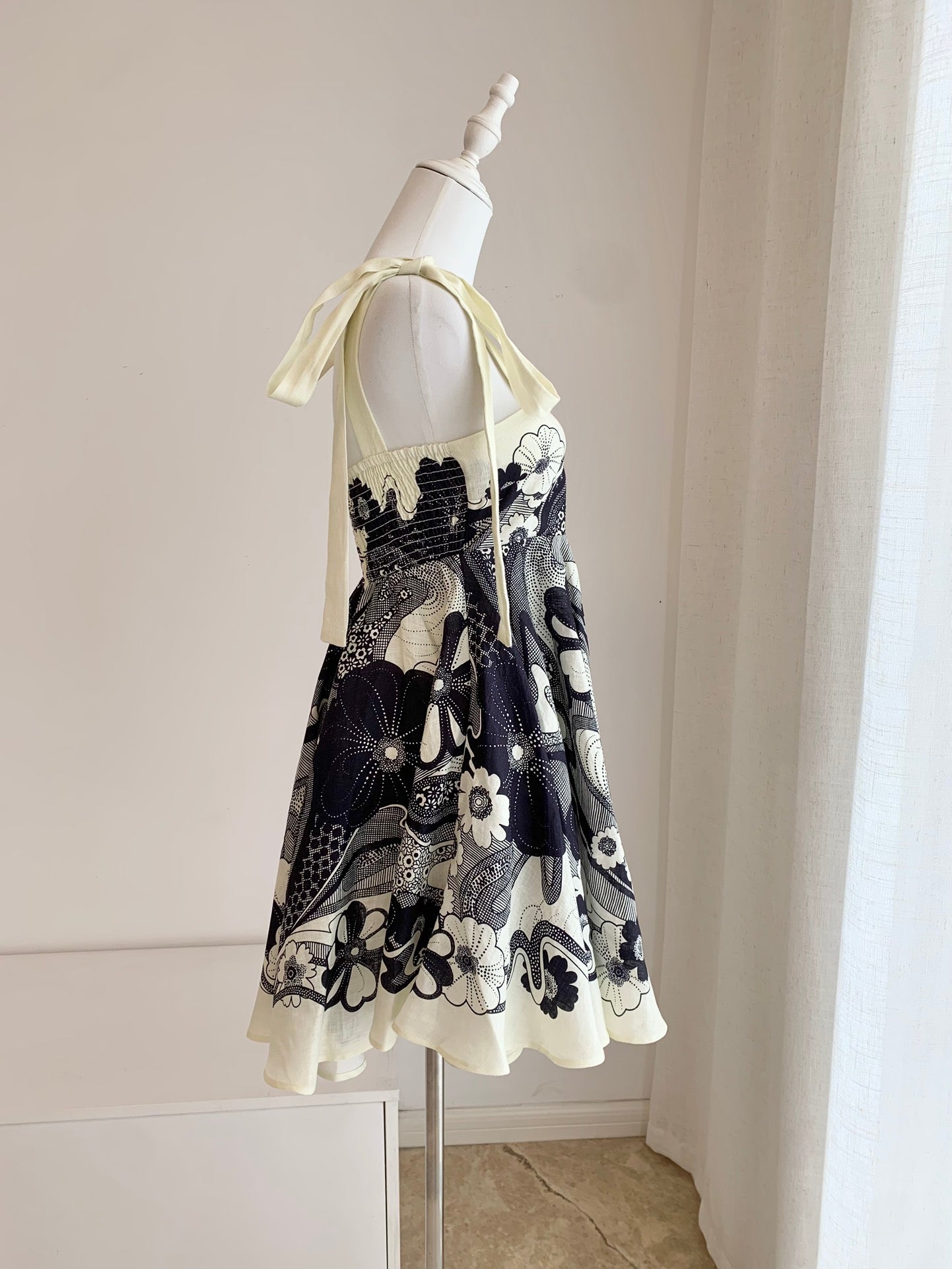 Alemais Mickey floral-print mini dress white black floral print tie straps sleeveless Linen 2507023AL