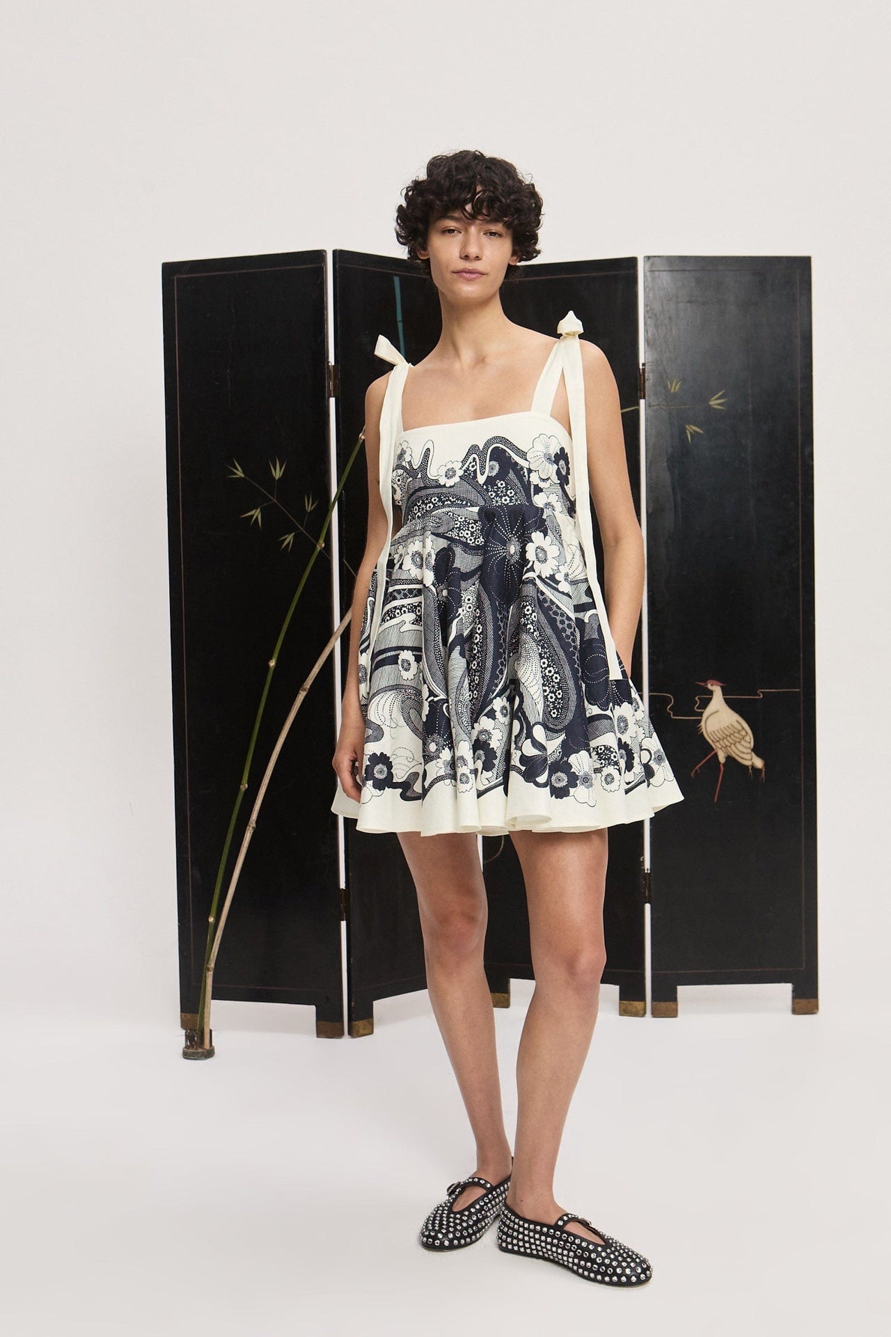 Alemais Mickey floral-print mini dress white black floral print tie straps sleeveless Linen 2507023AL