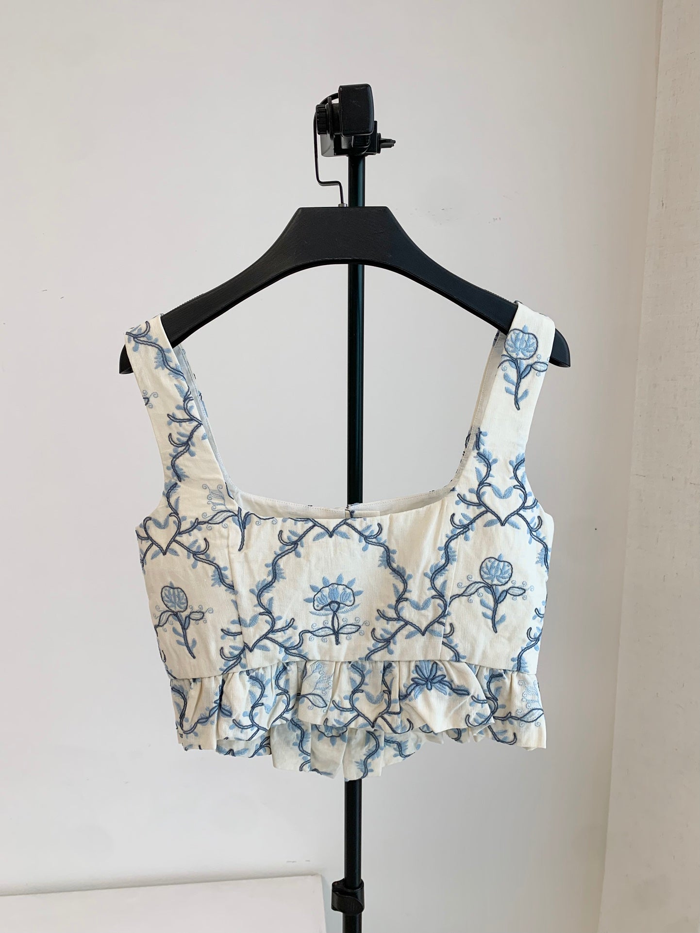 Agua Embroidery Top Skirt Set White Blue Floral Linen Sleeveless front button square neck 2508022Agua