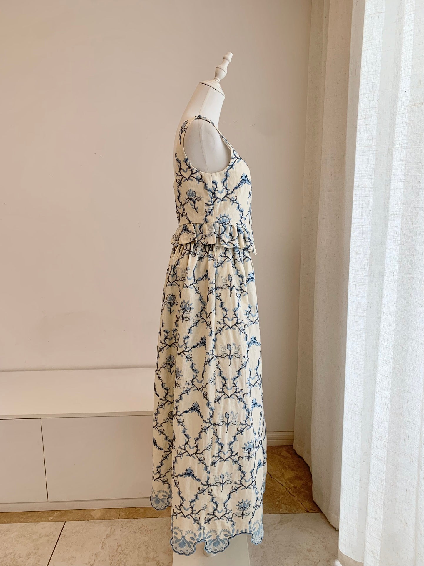 Agua Embroidery Top Skirt Set White Blue Floral Linen Sleeveless front button square neck 2508022Agua