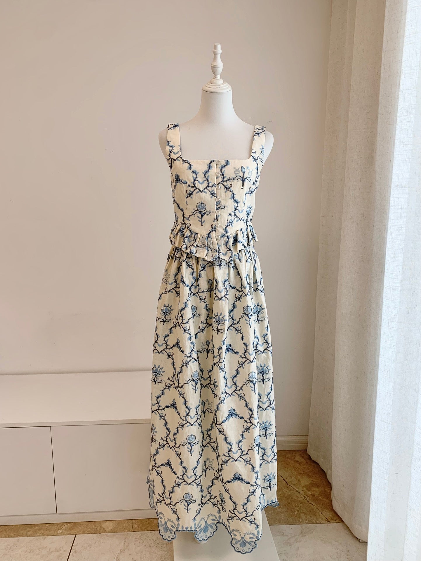 Agua Embroidery Top Skirt Set White Blue Floral Linen Sleeveless front button square neck 2508022Agua