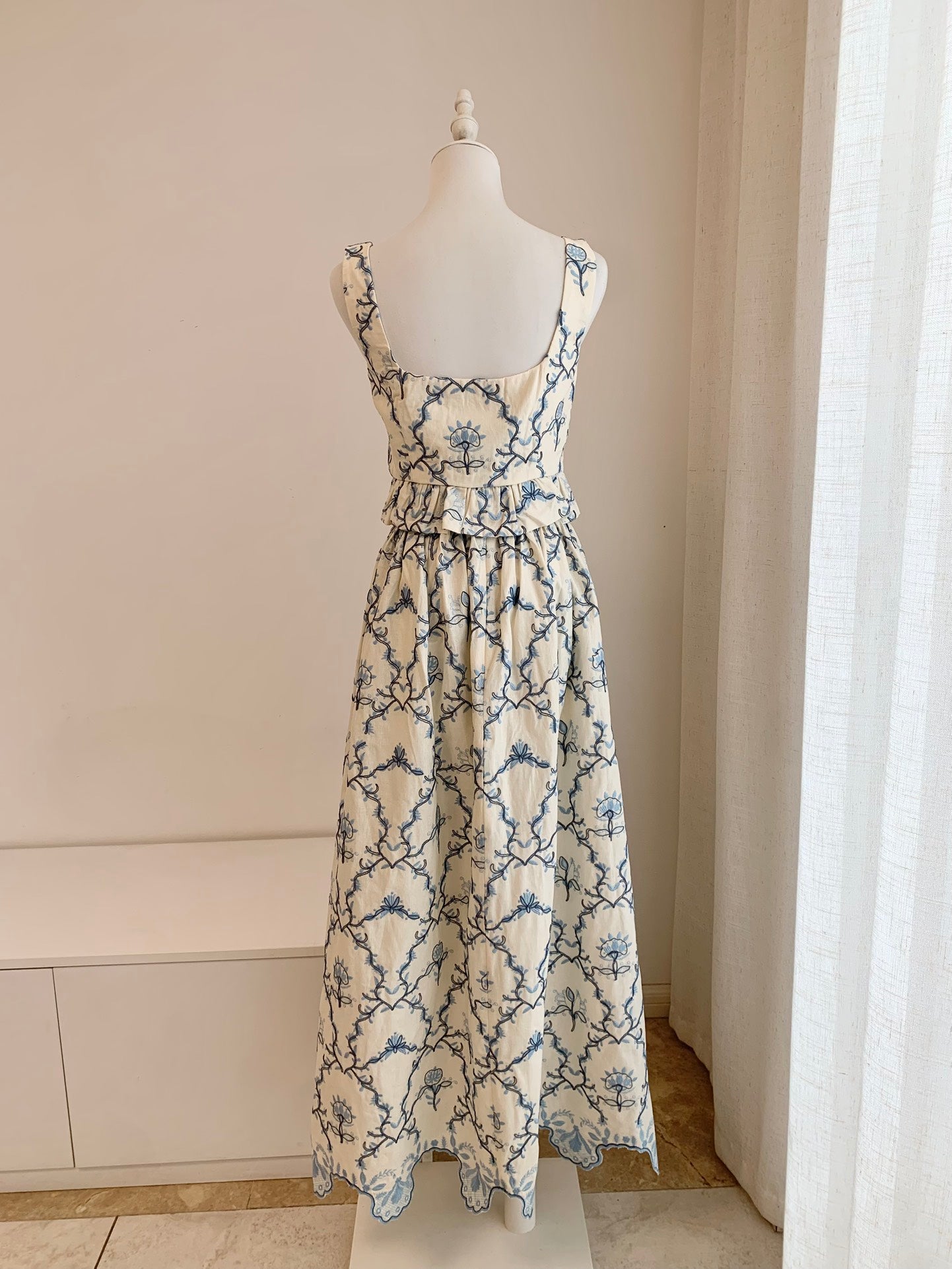 Agua Embroidery Top Skirt Set White Blue Floral Linen Sleeveless front button square neck 2508022Agua