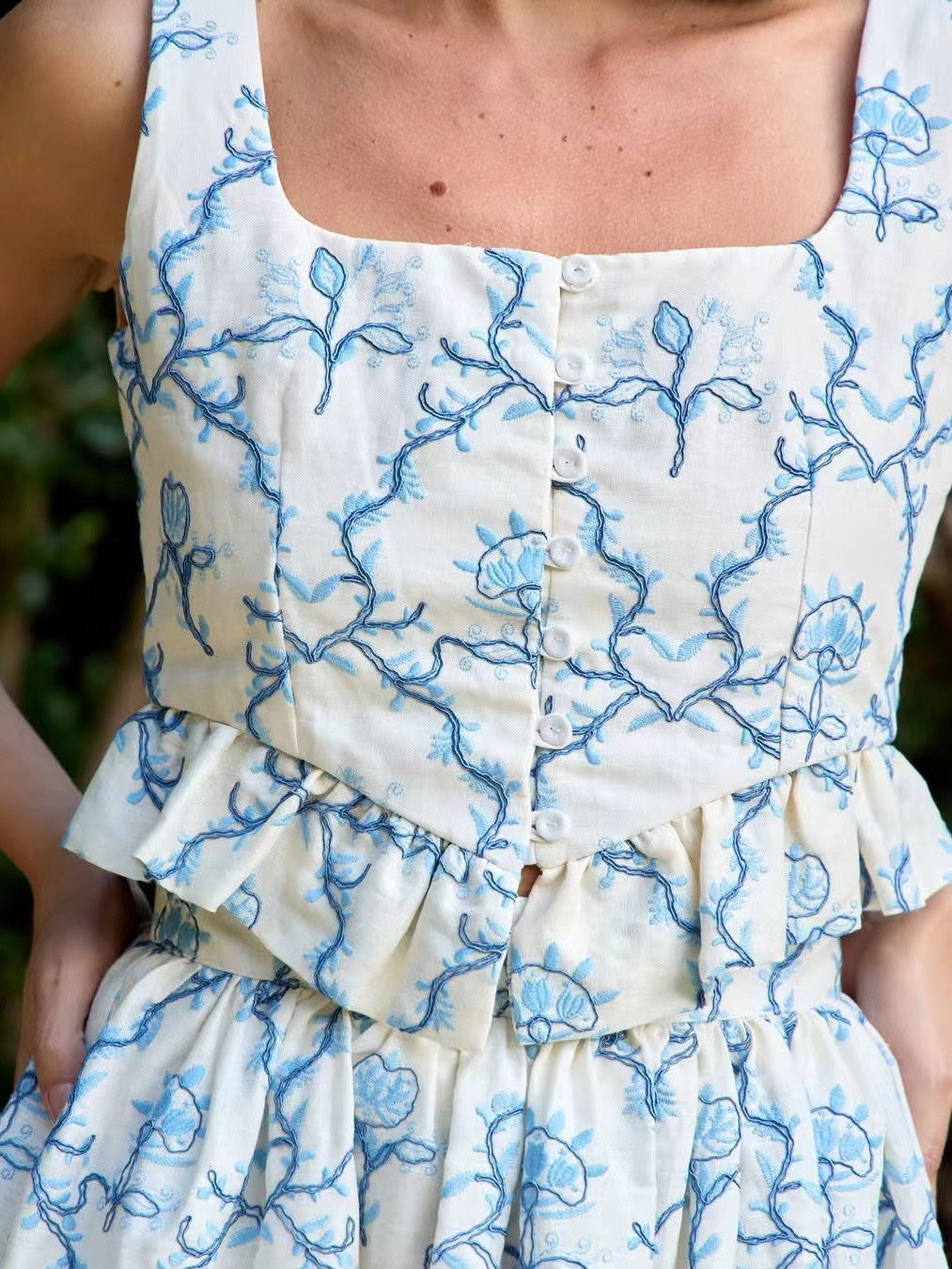 Agua Embroidery Top Skirt Set White Blue Floral Linen Sleeveless front button square neck 2508022Agua
