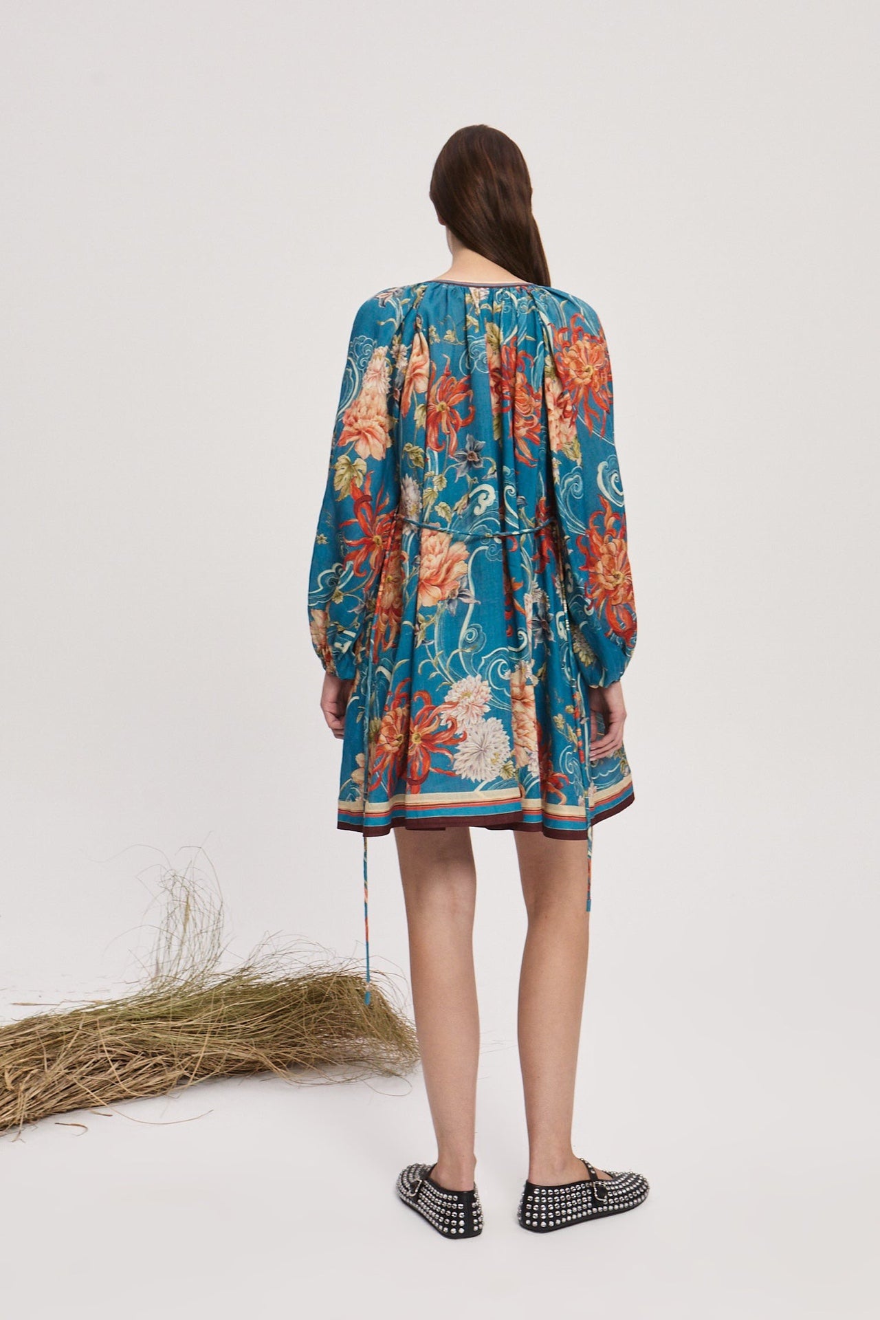 Alemais Fletcher floral-print mini dress blue ramie neck long sleeves tie waist 2508015AL