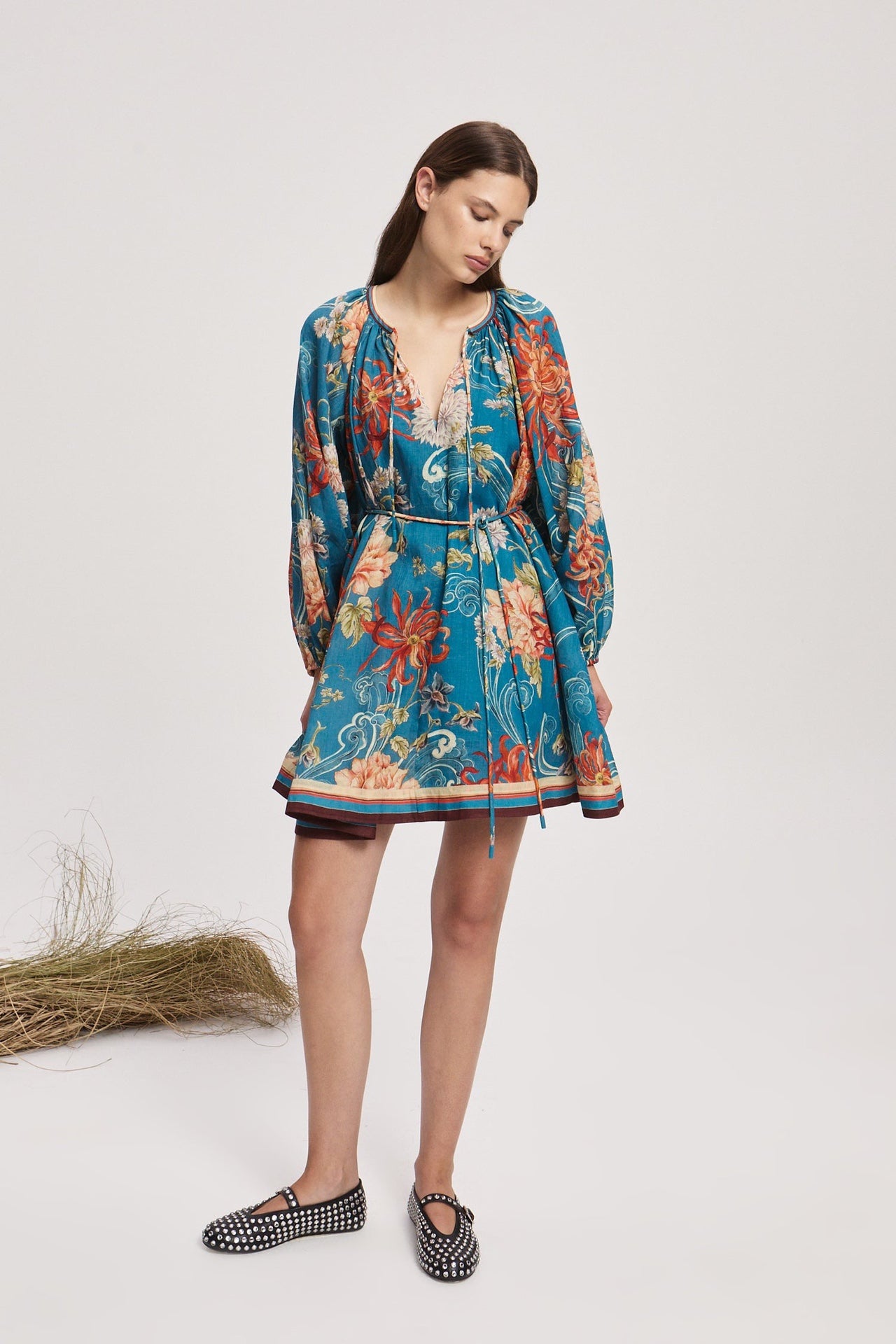 Alemais Fletcher floral-print mini dress blue ramie neck long sleeves tie waist 2508015AL