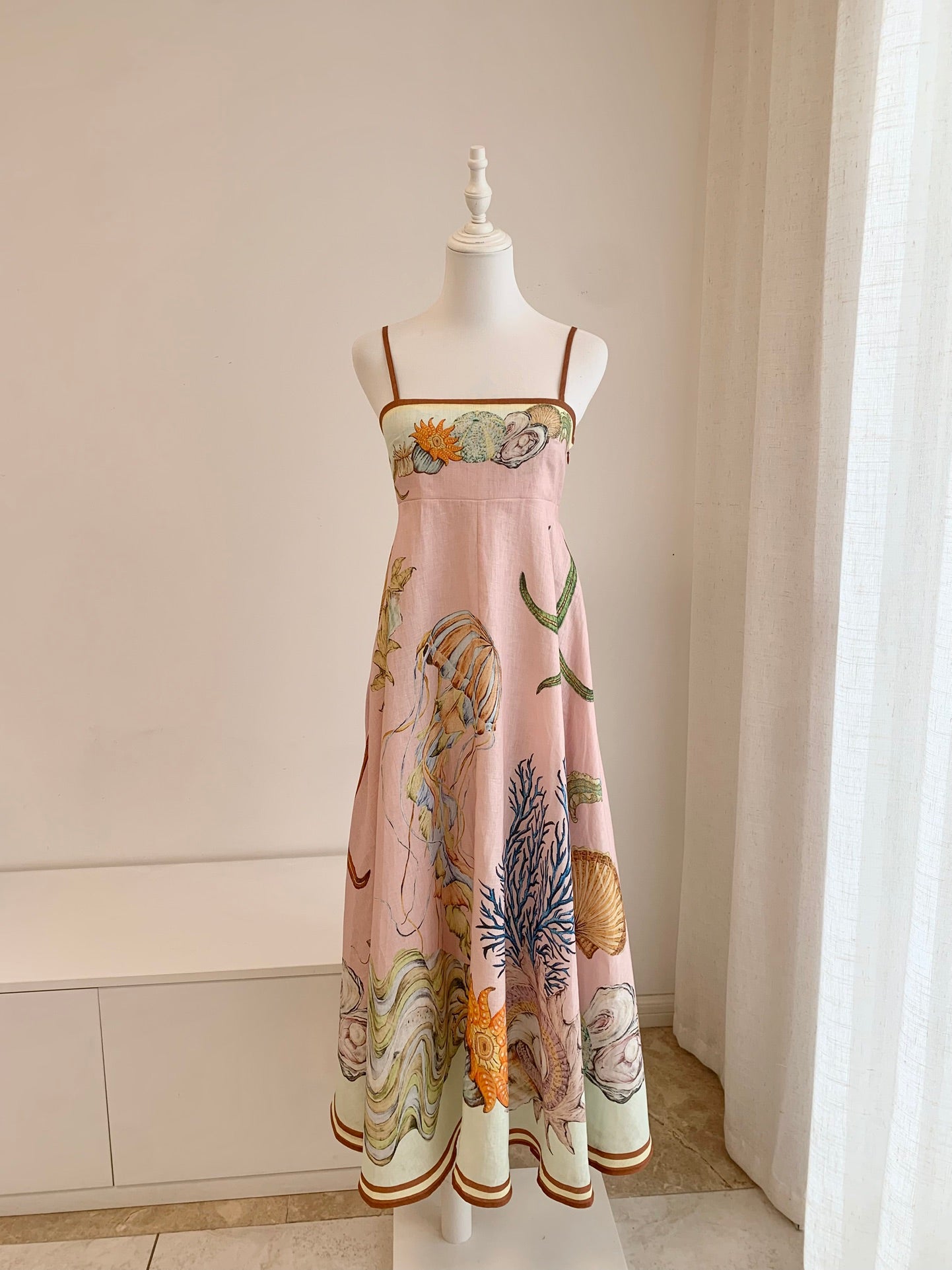 Alemais MIdi Dress Pink elasticated panelling adjustable spaghetti straps flared floral print 2508020AL