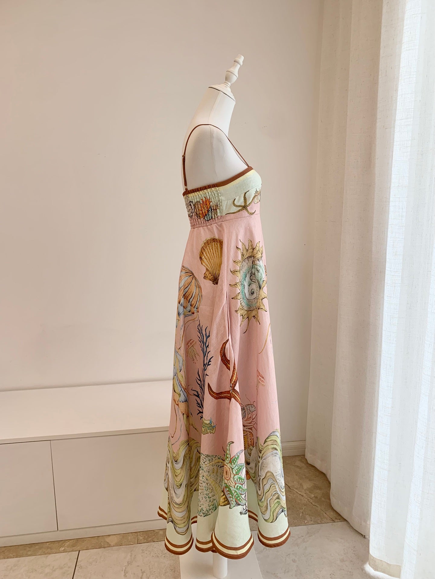 Alemais MIdi Dress Pink elasticated panelling adjustable spaghetti straps flared floral print 2508020AL